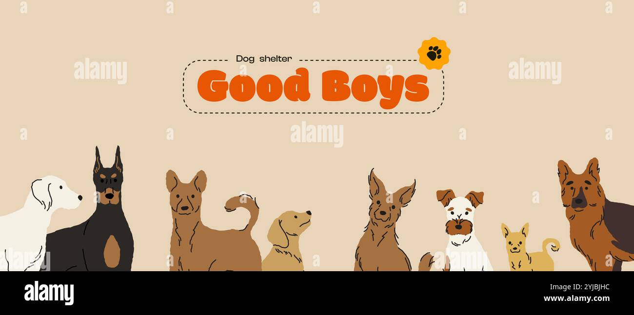 Striscione per cani. Cani carini disegnati a mano per il negozio di animali o per il disegno di volantini per l'adozione di animali. Caratteri vettoriali dei cani dei cartoni animati per il poster Illustrazione Vettoriale