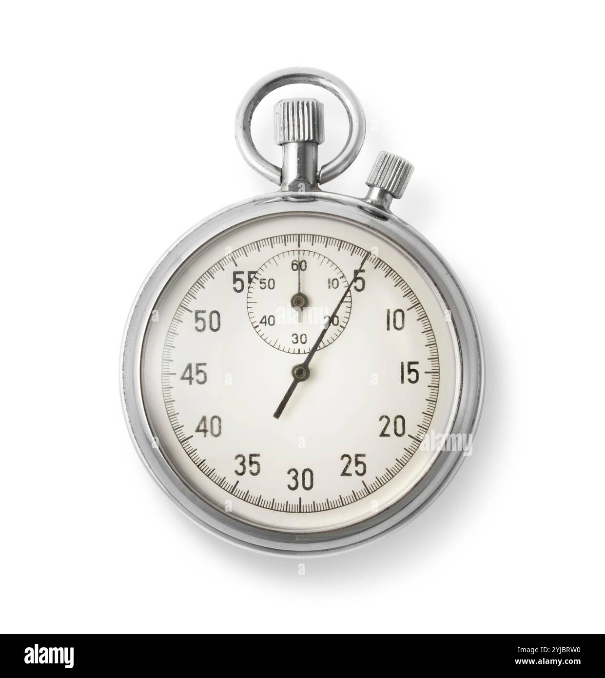 Cronometro analogico meccanico cromato vintage isolato su sfondo bianco. Foto Stock