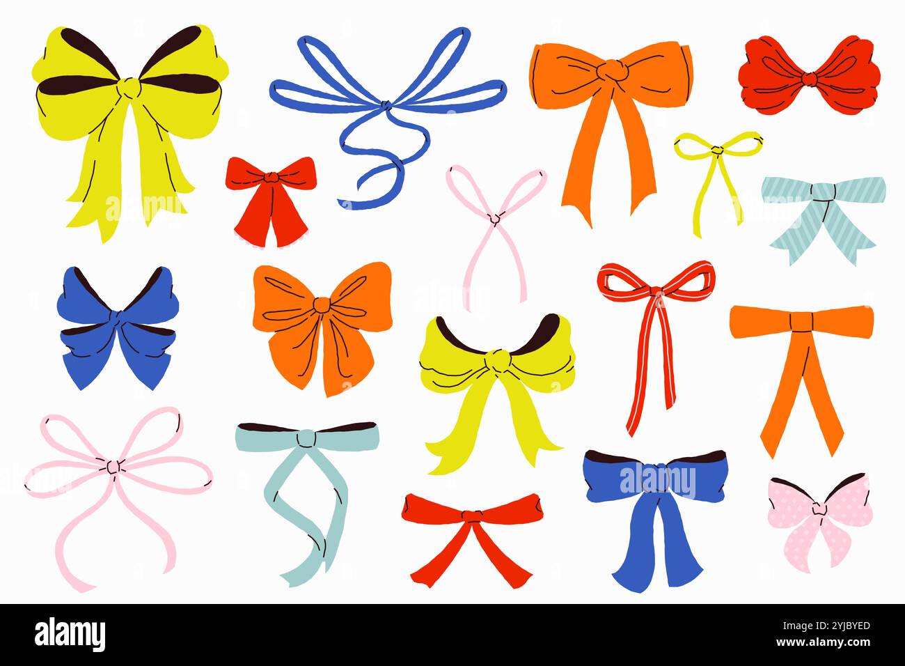 Archi del nastro. bowknot decorativo con nastri colorati di forme e dimensioni diverse, bowtie con legatura piatta per festeggiare l'arredamento della confezione regalo. Gruppo vettoriale Illustrazione Vettoriale