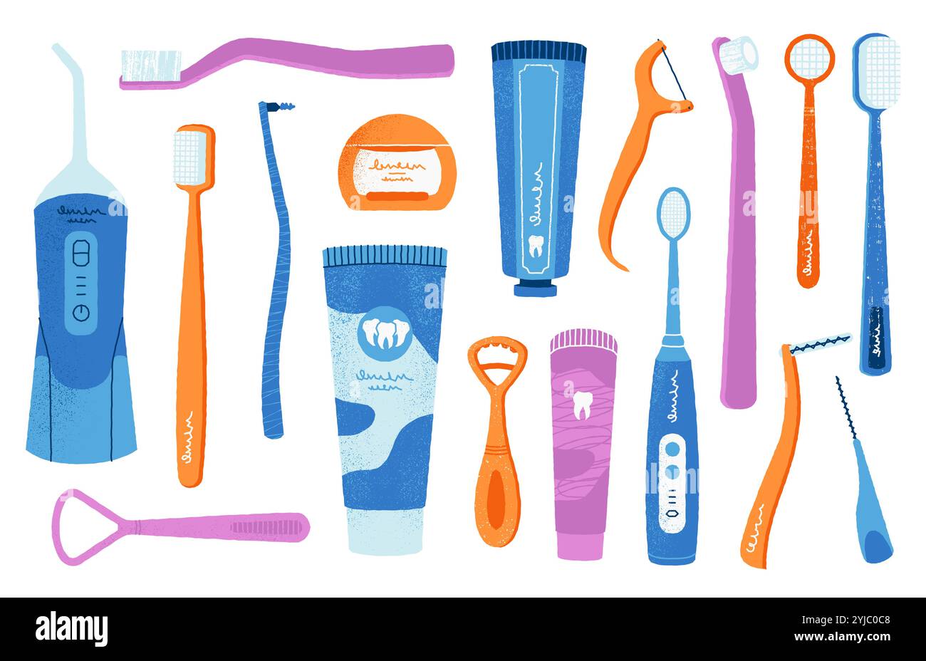 Strumenti per l'igiene dentale. Accessori per la pulizia della bocca dei cartoni animati, prodotti per la cura dei denti, spazzolino dentifricio, filo interdentale, collutorio icone. Set piatto vettoriale Illustrazione Vettoriale