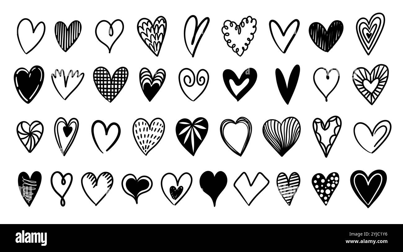 Cuori disegnati a mano. Grazioso disegno a matita minimalista valenti simboli giornalieri, semplice contorno nero scarabocchiare romantici scarabocchi. Set isolato vettoriale Illustrazione Vettoriale