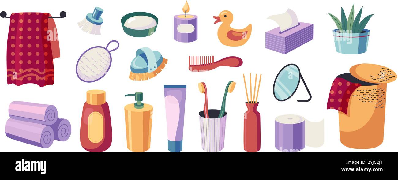 Roba da bagno. Moderni prodotti per l'igiene degli interni, asciugamani cosmetici decorativi in cartone animato, lozione di sapone per accappatoio, stile scandinavo alla moda. Gruppo vettoriale Illustrazione Vettoriale