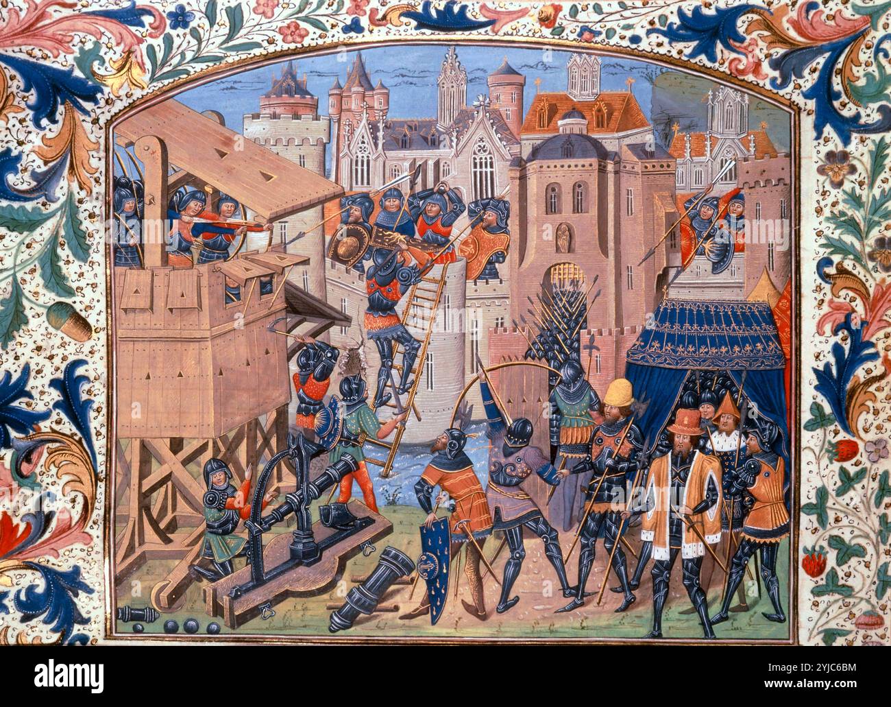 Guerra dei cent'anni tra Francia e Inghilterra 1339-1453, assedio di Ribodane con cannone e Longbow dalle Cronache d'Inghilterra di Jean de Wavrin, 14-1500. MUSEO: BRITISH LIBRARY, LONDRES, REGNO UNITO. Foto Stock