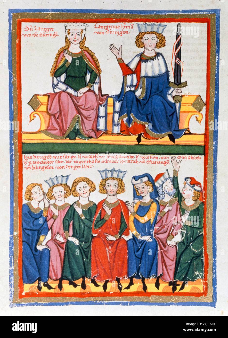 Codice Manesse (1305-40). Manoscritto tedesco: L'esecuzione dei trovatori. Museo: BIBLIOTECA UNIVERSITARIA, Heidelberg, GERMANIA. Foto Stock