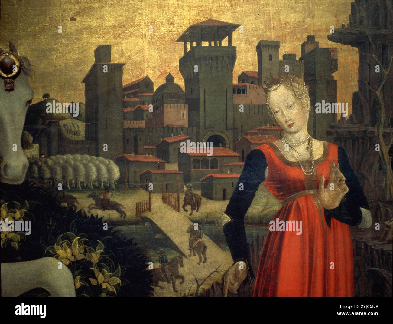 San Giorgio che protegge la principessa dal drago, c.1470. Scuola lombarda, Brescia, Italia. Brescia, dettaglio. Museo: Pinacoteca Tosio Martinengo. Foto Stock