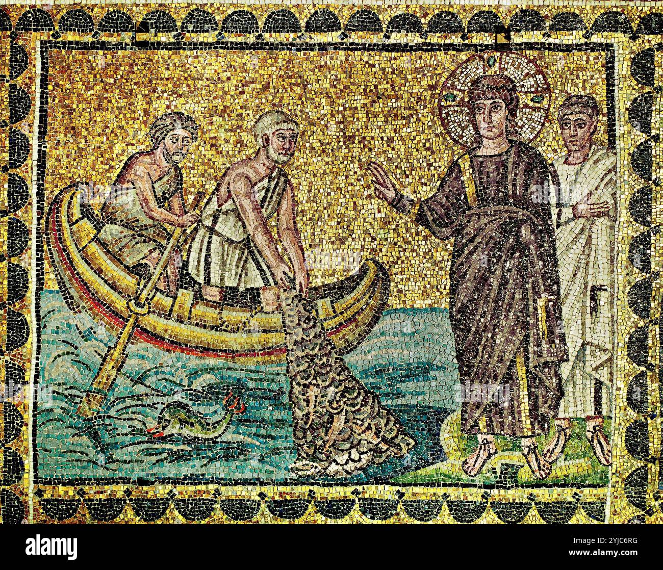 Cristo chiama gli Apostoli Pietro e Andrea come pescatori, ciclo mosaico Sant'Apollinare nuovo Ravenna, vi secolo d.C. San Apollinare nuovo, Ravenna. Museo: San Apollinare nuovo, Ravena, ITALIA. Foto Stock