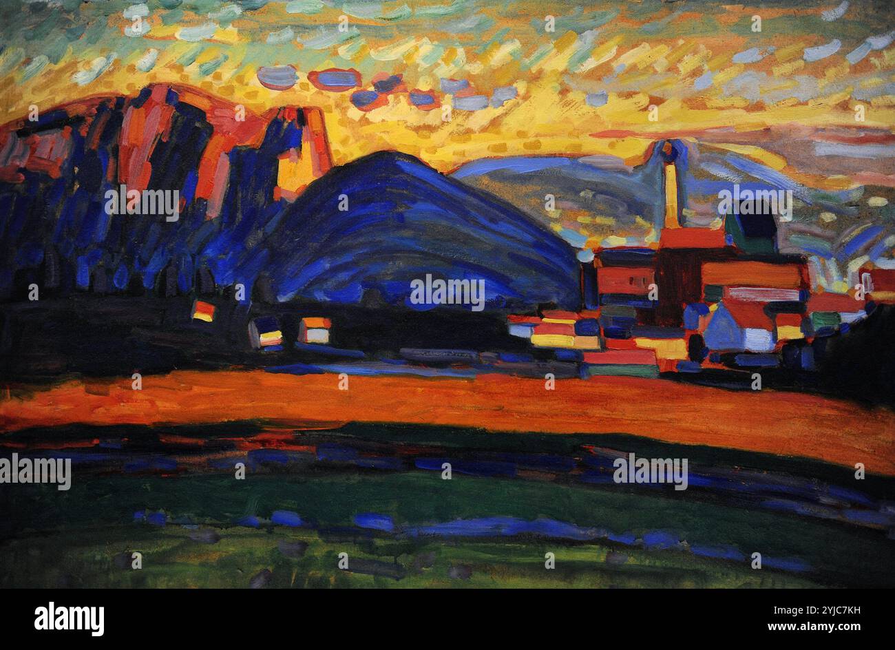 Wassily Kandinsky (1866-1944). Pittore russo. Attivo in Russia, Germania e Francia. Paesaggio di montagna con villaggio I,1908. Olio su cartone. Museo di Israele. Gerusalemme. Foto Stock
