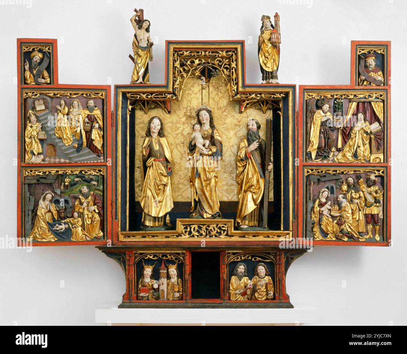 Scuola tedesca XVI secolo, Pala con la vita della Vergine Maria in legno dorato e policromo, 1370. Museo: Suermondt Museum, AQUISGRAN, GERMANIA. Foto Stock