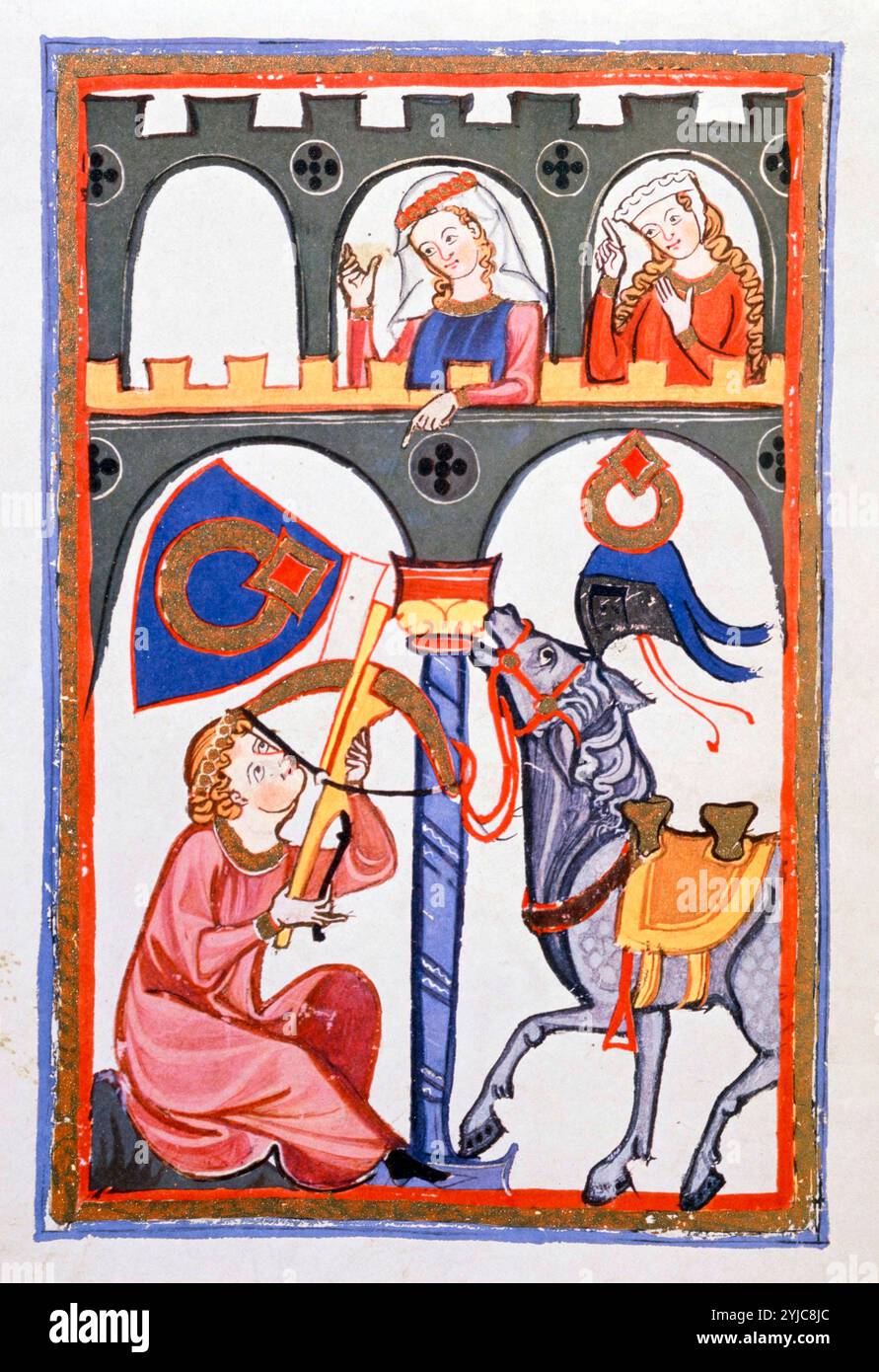 Manesse Codex (1305-40) manoscritto tedesco. L'amante Herr Rubin spara con la balestra il suo messaggio. Museo: BIBLIOTECA UNIVERSITARIA, Heidelberg, GERMANIA. Foto Stock