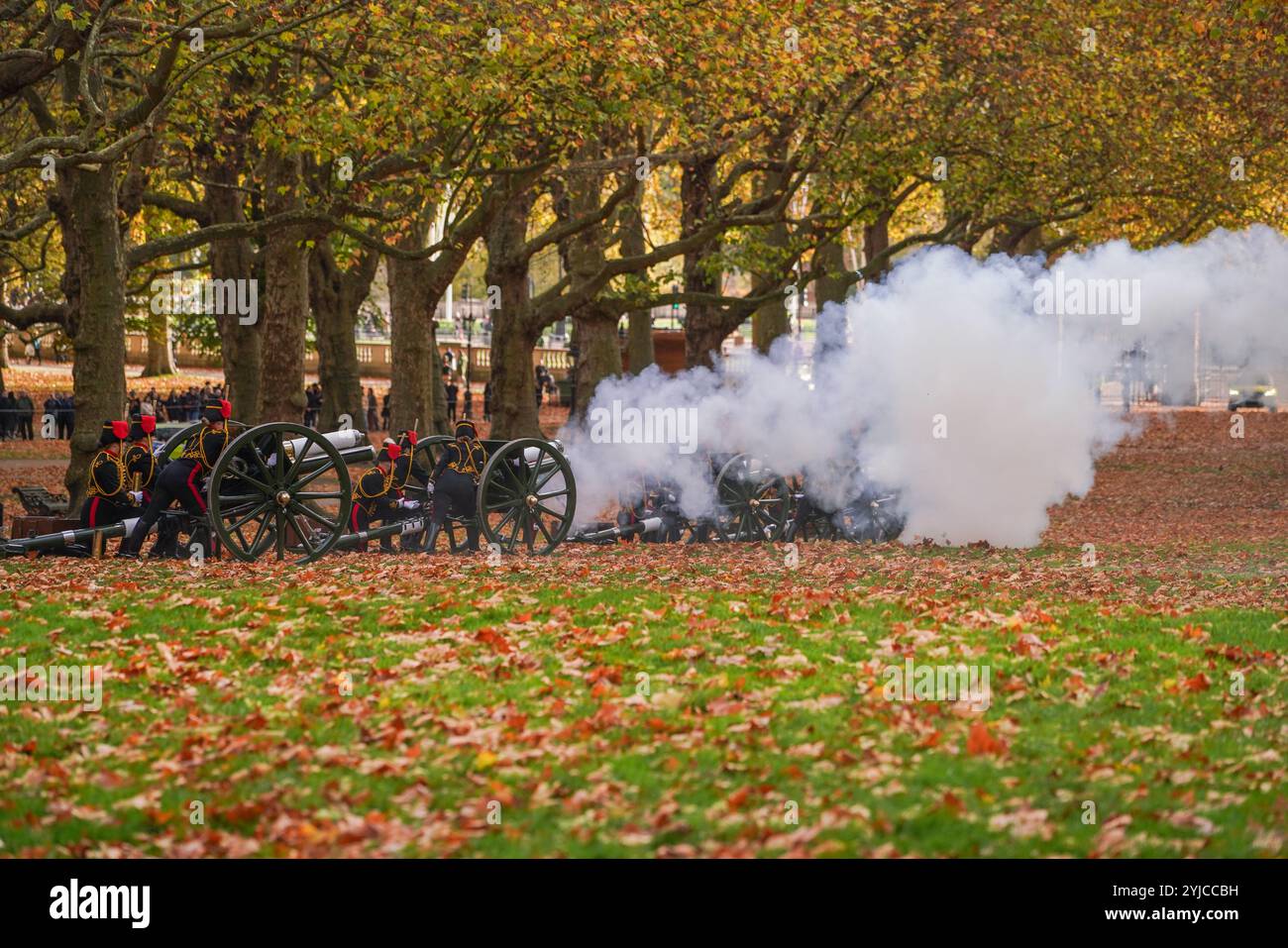 Londra, Regno Unito. 14 novembre 2024 i membri del King's Troop Royal Horse Artillery spararono un saluto di 41 cannoni a Green Park per celebrare il 76° compleanno del King Charles III Credit. Amer Ghazzal/Alamy Live News Foto Stock