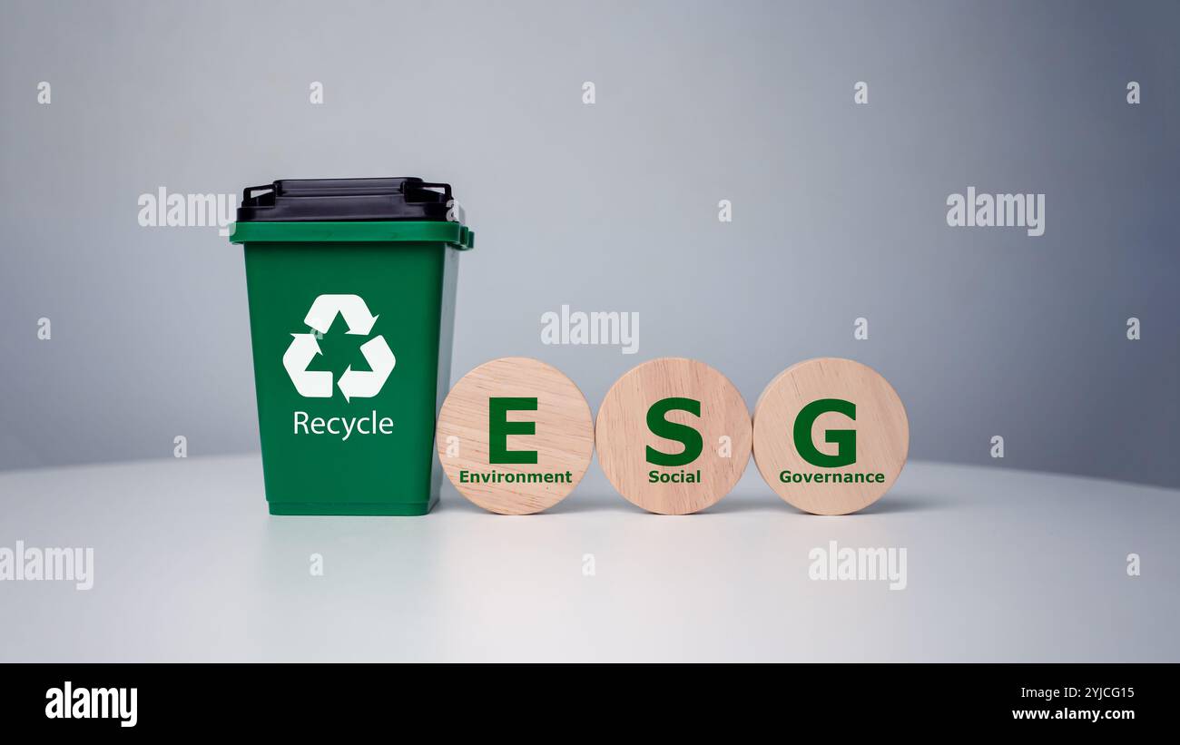 Icona ESG verde sul blocco di legno con contenitore di riciclaggio e investimento in un'attività sostenibile. Il concetto ESG sull'ambiente, sociale e di sesso Foto Stock