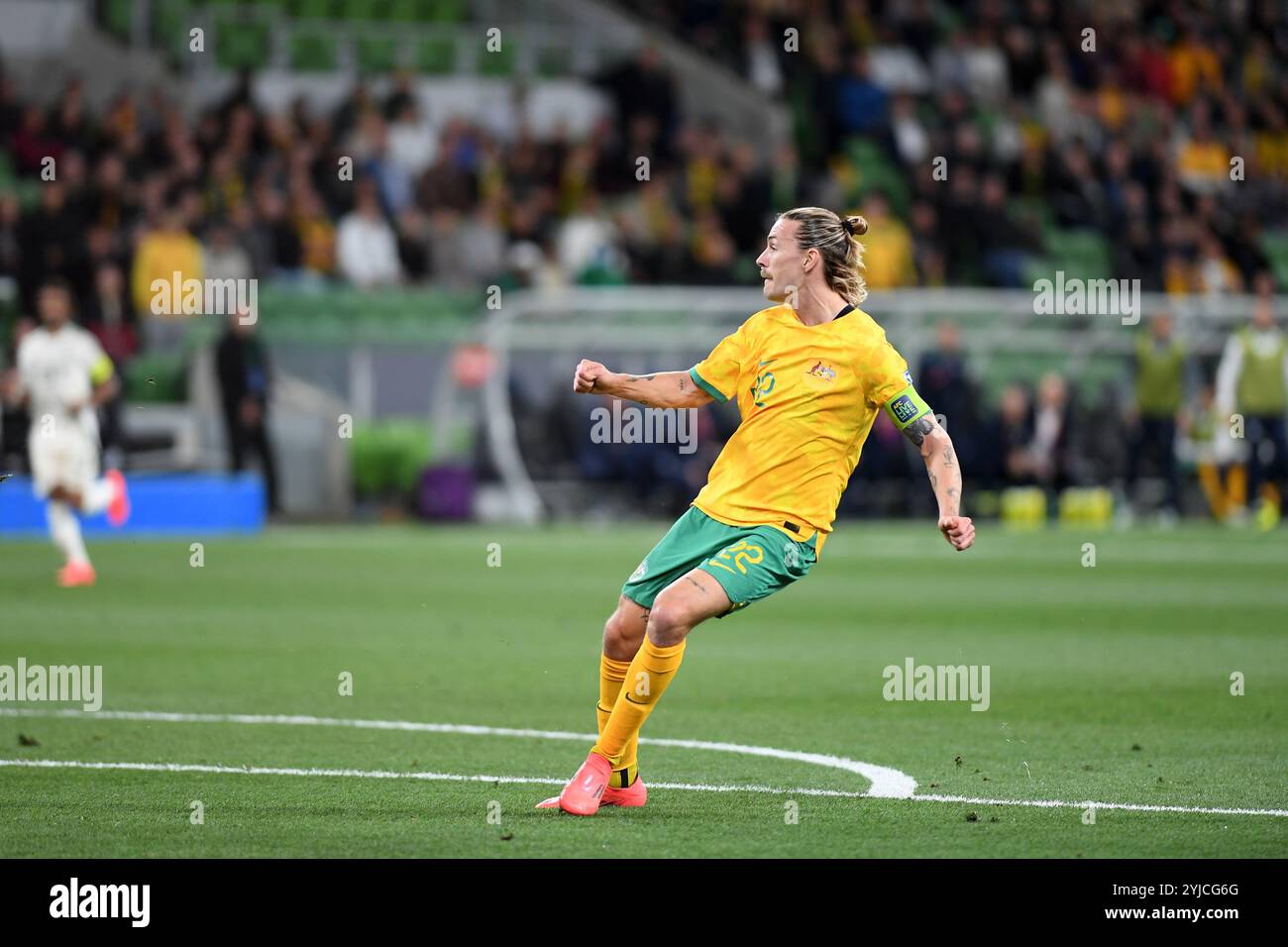 MELBOURNE, AUSTRALIA. 14 novembre 2024. Nella foto: Jackson Irvine dell'Australia durante il gruppo C Australia vs Arabia Saudita AFC World Cup Qualifiers 3 ° round dal Rectangular Stadium di Melbourne all'AAMI Park il 14 novembre 2024. Crediti: Karl Phillipson/Alamy Live News Foto Stock