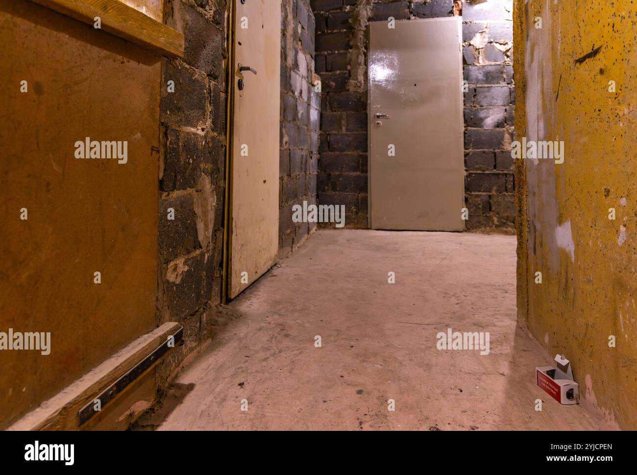 Una scatola con veleno per topi, topi, roditori, a terra, nel pavimento della casa Foto Stock