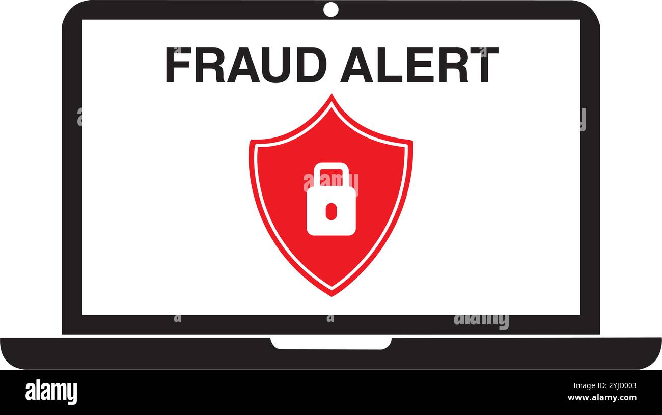 Banner di avviso antifrode sullo schermo di un notebook su sfondo bianco Illustrazione Vettoriale