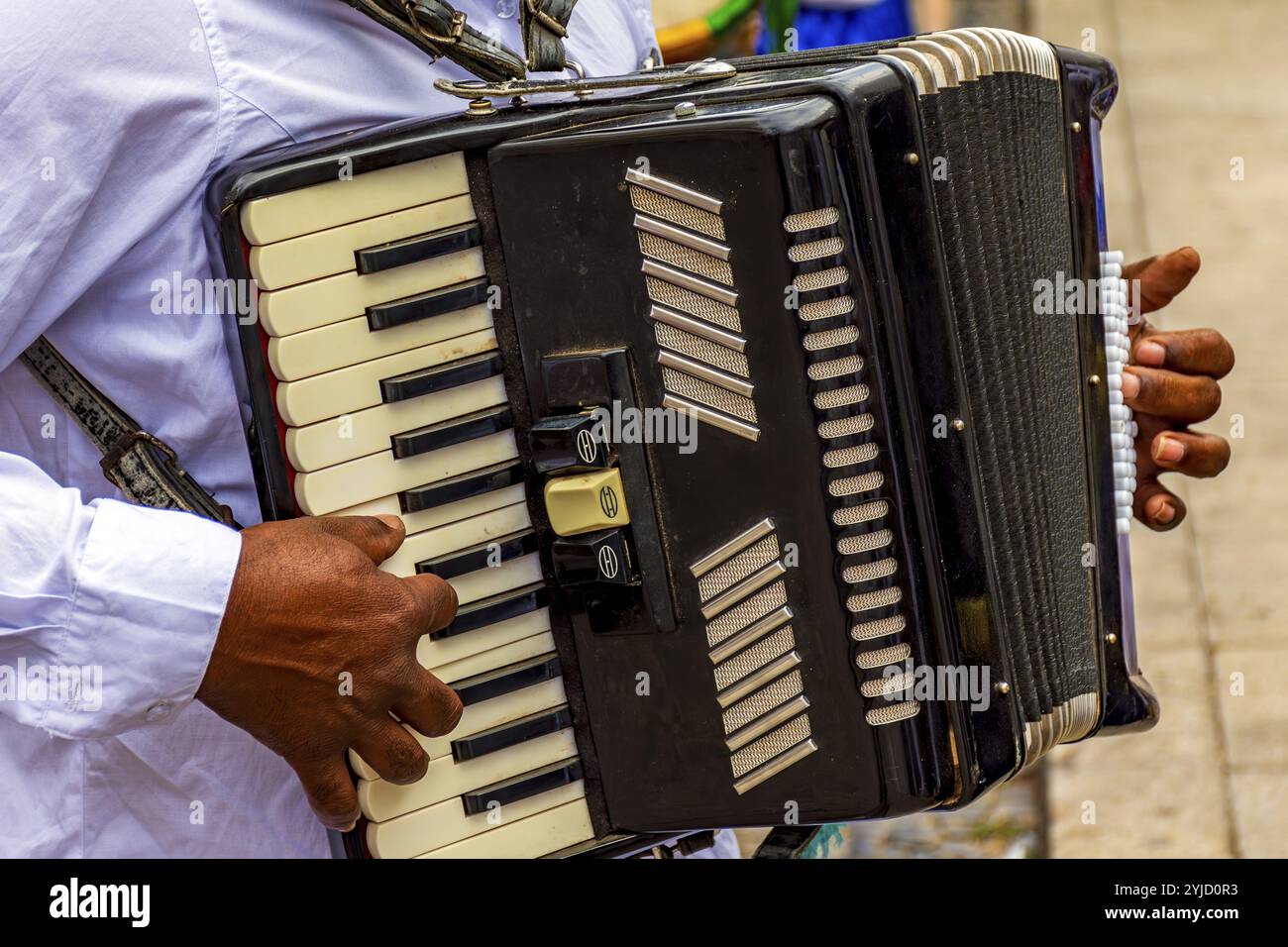 Mani di fisarmonicista che suonano il suo strumento durante un festival religioso nelle strade di Belo Horizonte, Brasile, Belo Horizonte, Minas Gerais, Brazi Foto Stock