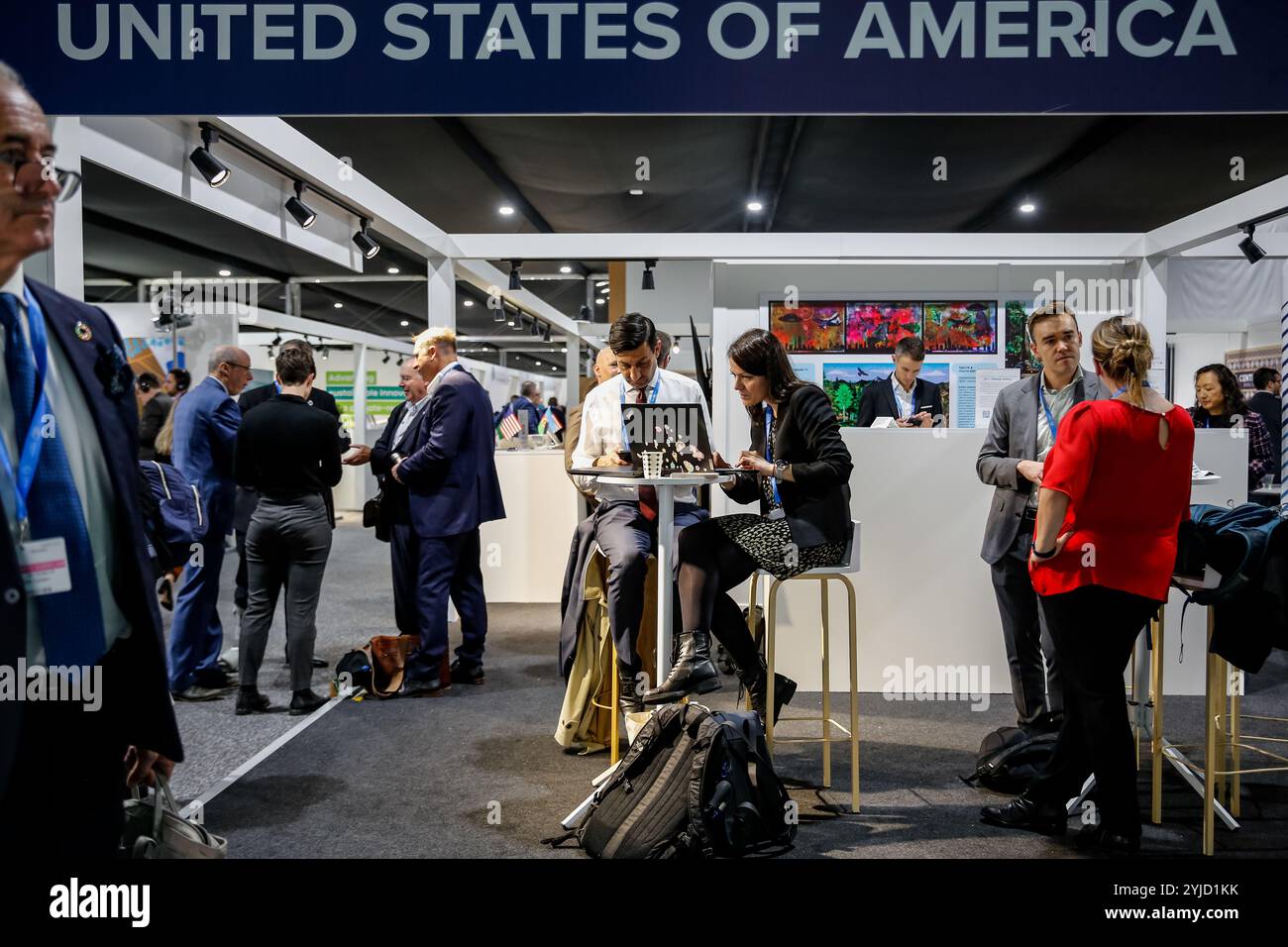 Baku, Azerbaigian, 14 novembre 2024. La rete dei partecipanti al Padiglione degli Stati Uniti durante la Conferenza delle Nazioni Unite sui cambiamenti climatici COP29, un evento organizzato dall'UNFCCC allo Stadio Olimpico di Baku. La COP29, in vigore dal novembre 11-22, si concentra sui mercati del carbonio e sui finanziamenti per la sostenibilità e la mitigazione. Crediti: Dominika Zarzycka/Alamy Live News. Foto Stock
