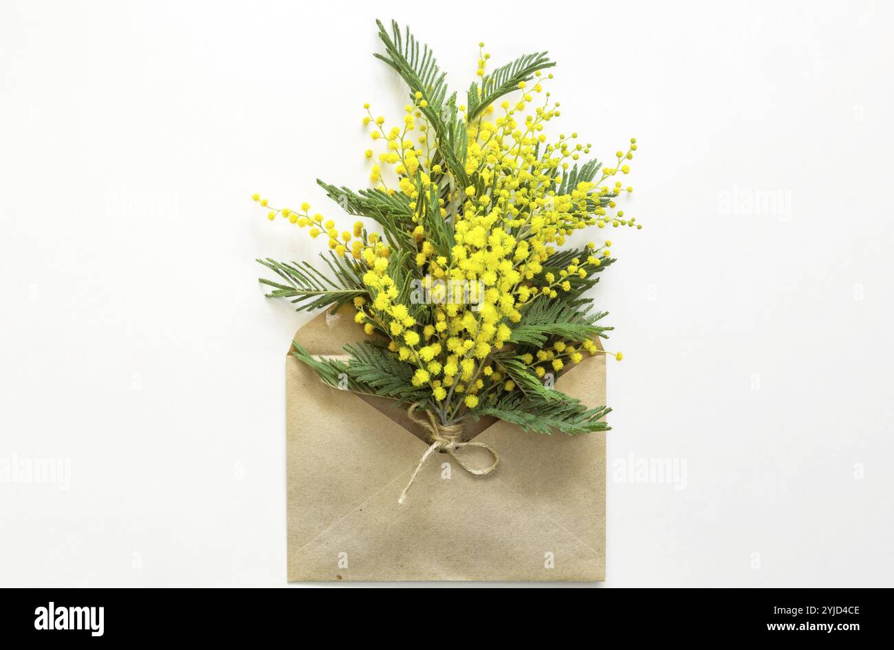 Un bouquet giallo di mimosa e una confezione regalo e una borsa di carta kraft. Biglietto di auguri per la Giornata Internazionale della Donna, Festival di Primavera, 8 marzo, Pasqua. Copia s. Foto Stock