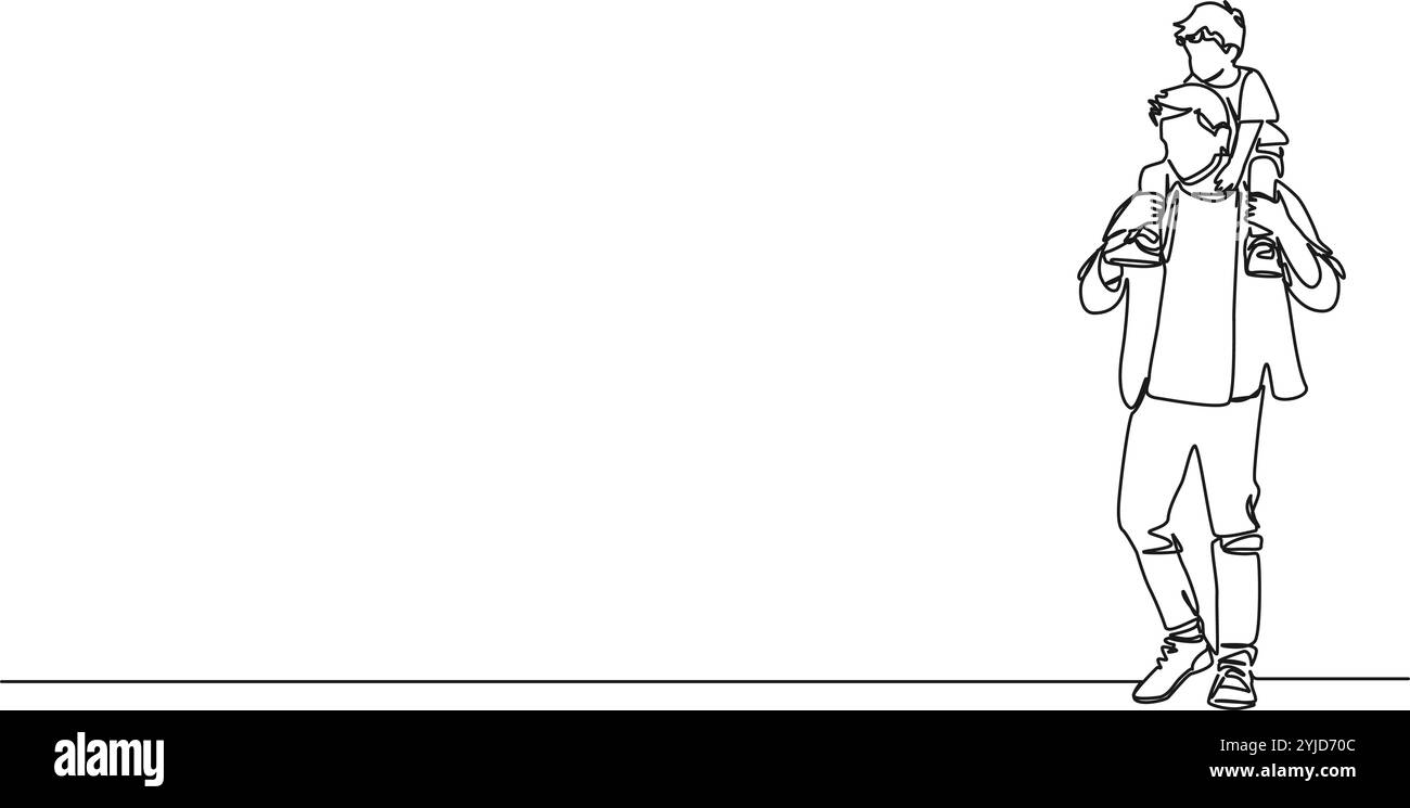 disegno continuo su una sola linea del padre che porta il bambino sulle spalle, illustrazione vettoriale line art Illustrazione Vettoriale