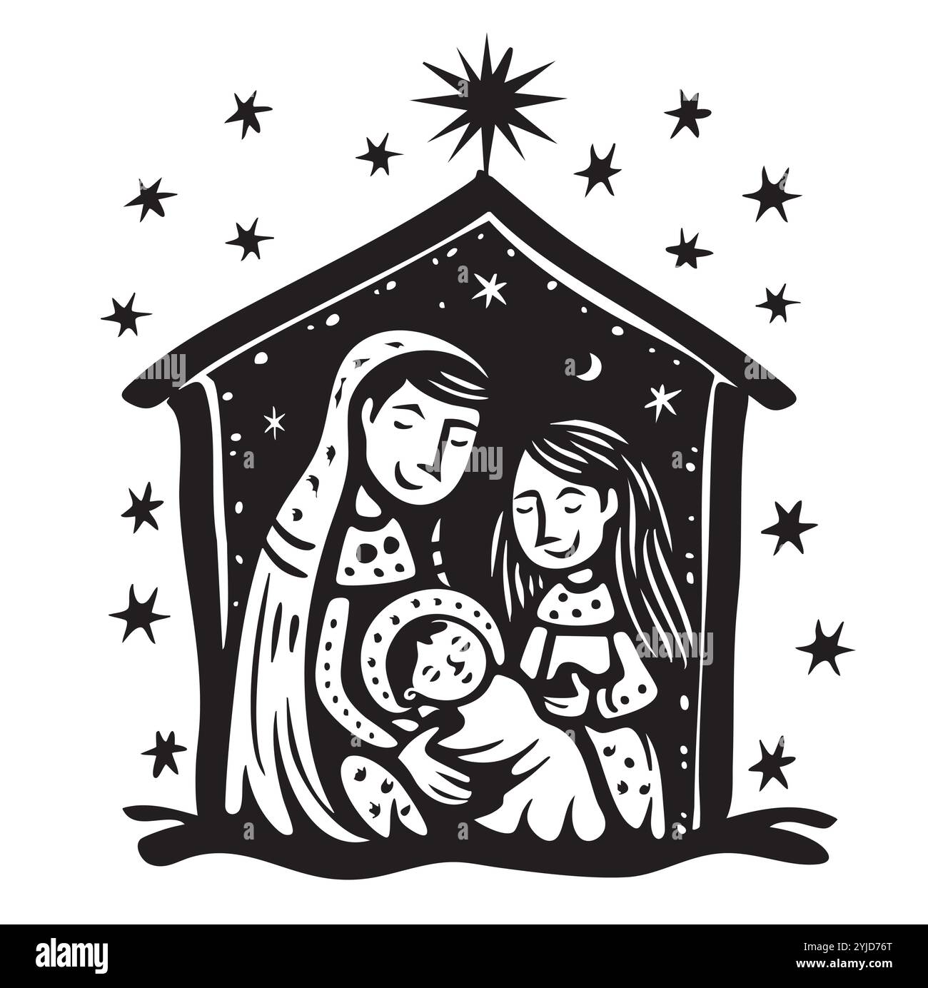 La storia di Natale. Maria, Giuseppe e il bambino Gesù, figlio di Dio , simbolo del cristianesimo, illustrazione vettoriale disegnata a mano in stile doodle Illustrazione Vettoriale