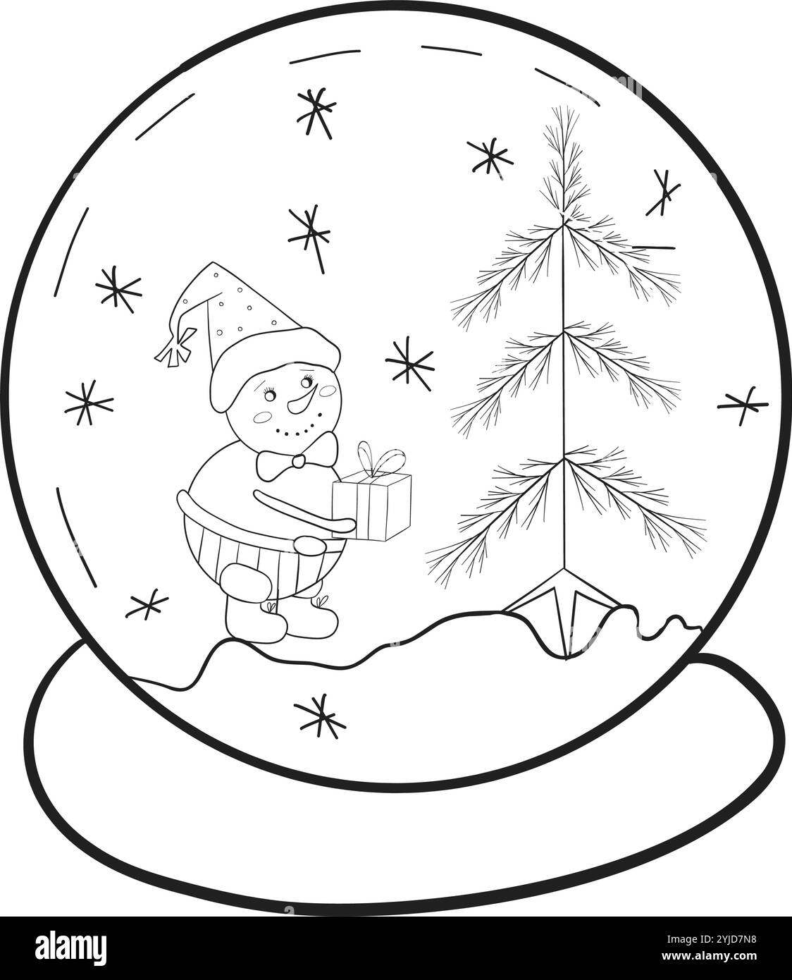 Globo di neve con albero di Natale e pupazzo di neve. Tradizionale souvenir natalizio con fiocchi di neve. Disegnato a mano, isolato su sfondo bianco. Vettore. Per colorare libri, cartoline e stampe Illustrazione Vettoriale