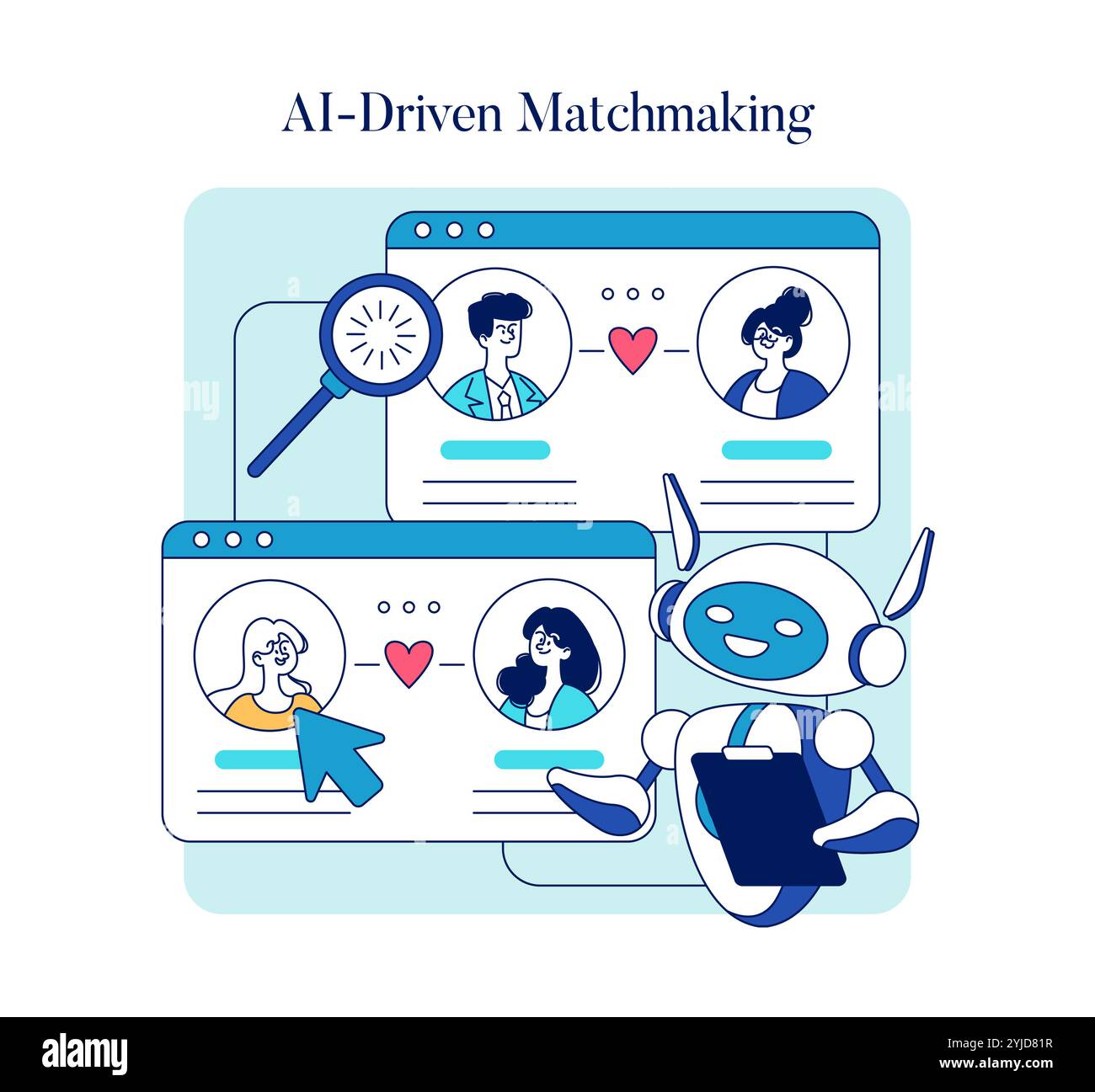 Concetto di incontri online. La tecnologia AI facilita le connessioni romantiche attraverso profili di abbinamento. L'amore moderno nell'era digitale. Illustrazione vettoriale. Illustrazione Vettoriale