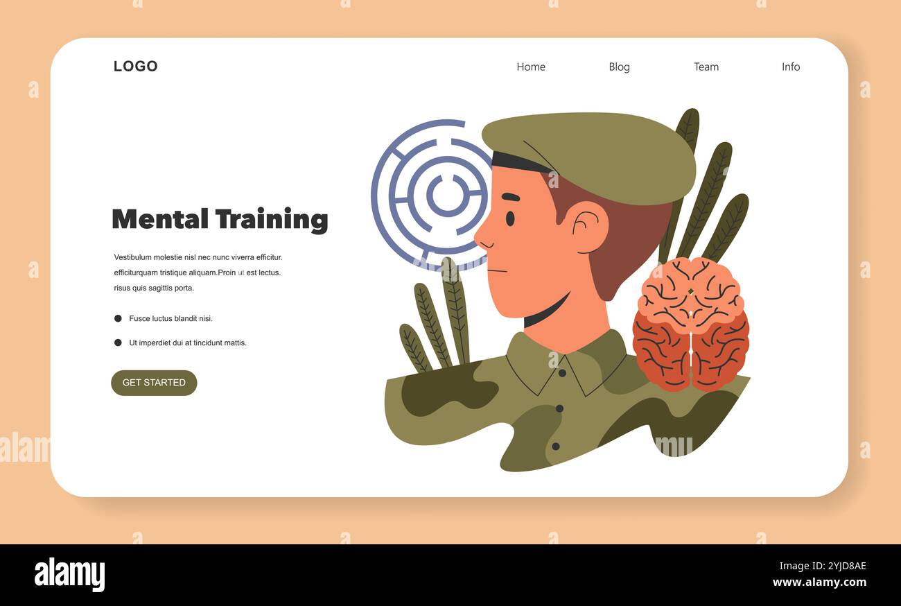 Concetto di addestramento militare. Illustrazione di un soldato che si concentra sulla forza mentale con una visualizzazione del cervello. Capacità cognitive, strategia e resilienza. Illustrazione vettoriale. Illustrazione Vettoriale