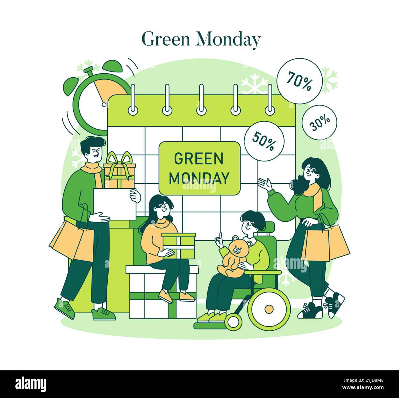 Concetto Green Monday. Consumatori che usufruiscono di sconti su prodotti sostenibili, promuovendo abitudini di acquisto ecocompatibili. L'illustrazione cattura l'essenza di uno stile di vita più ecologico. Illustrazione vettoriale. Illustrazione Vettoriale