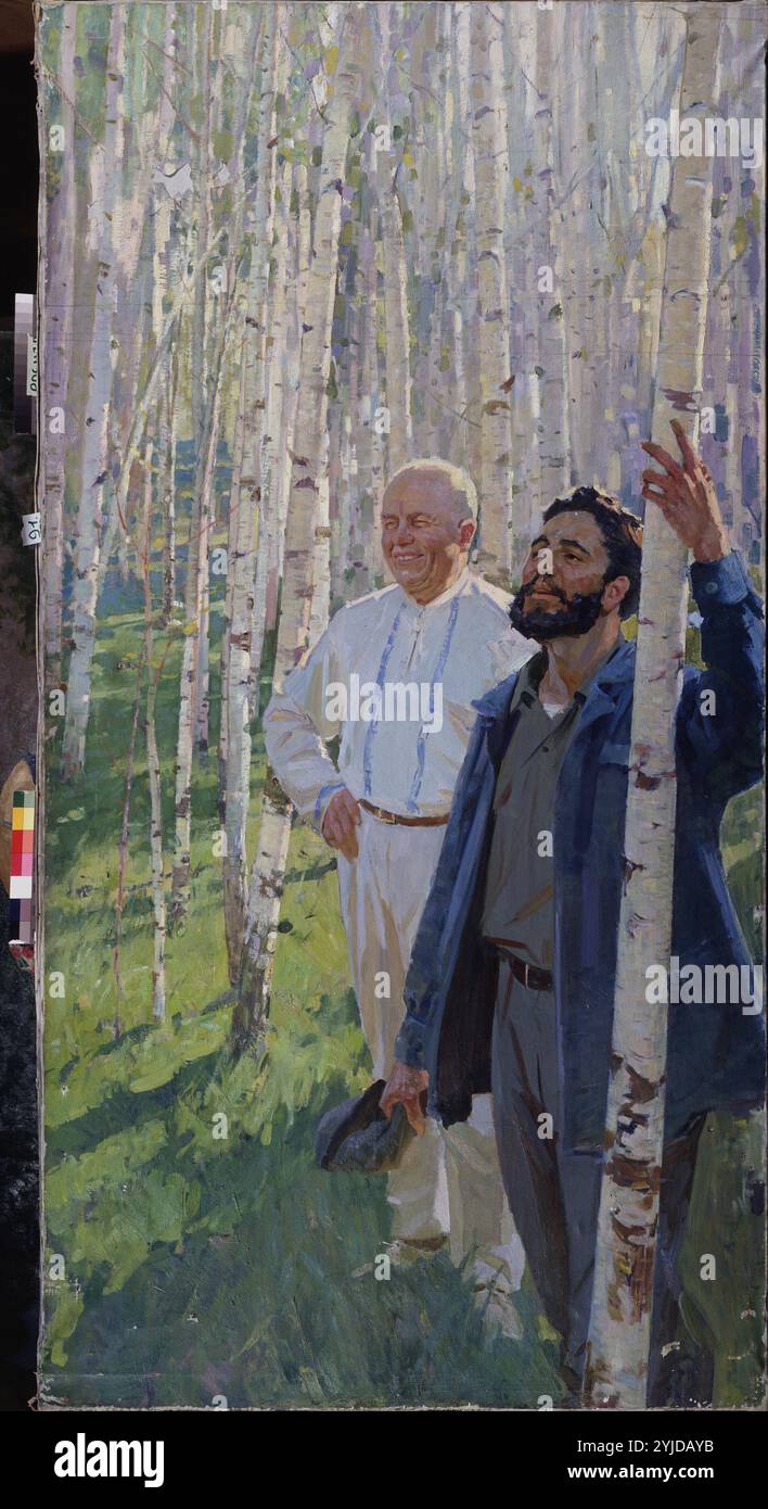 Nikita Khrushchev e Fidel Castro in un Birch Grove. Museo: Museo statale e centro espositivo ROSIZO, Mosca. Autore: Marat Ivanovich Samsonov. Foto Stock