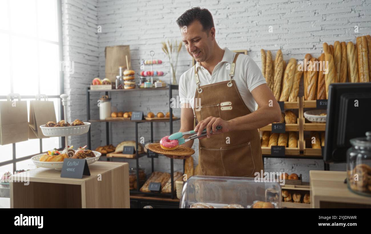 Uomo ispanico che lavora in una panetteria, tenendo una ciambella rosa con pinze, circondato da vari dolci in un ambiente da forno interno Foto Stock