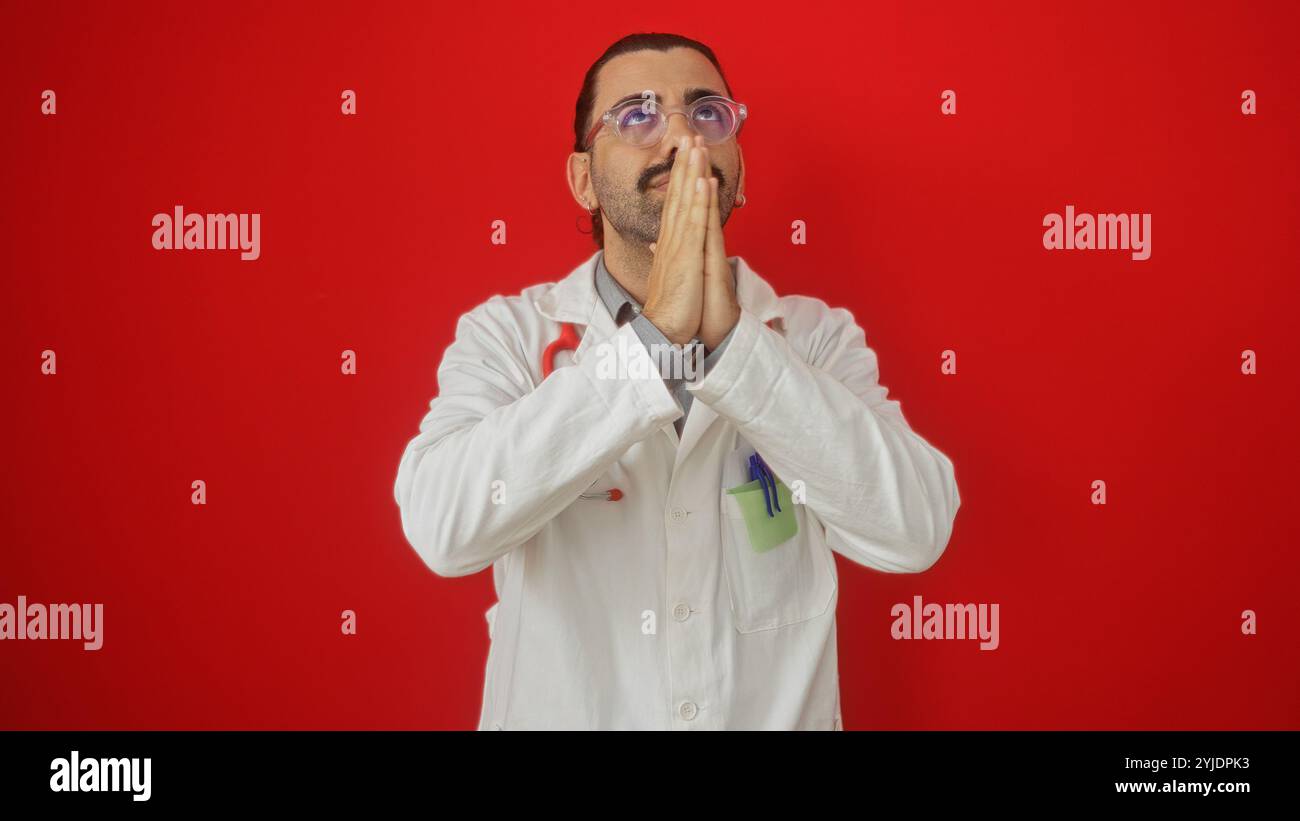 Giovane ispanico con un cappotto bianco con stetoscopio e occhiali che prega con le mani strette su un vivace sfondo rosso Foto Stock