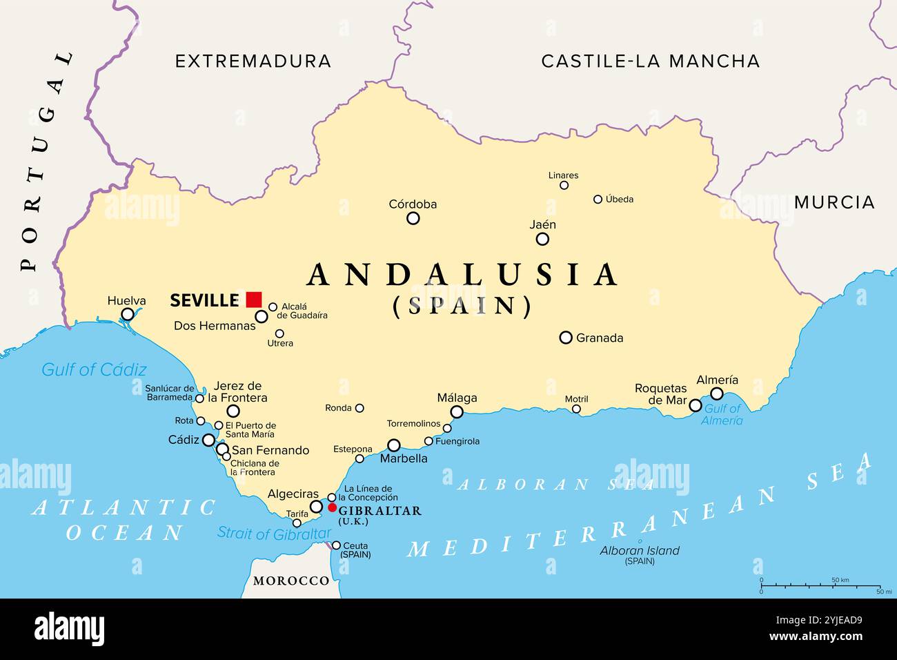 Andalusia, una regione della Spagna, con la capitale Siviglia, mappa politica. La comunità autonoma più meridionale della Spagna peninsulare. Foto Stock