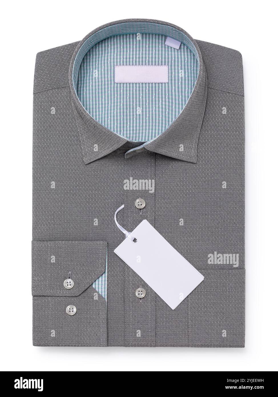 Camicia classica piegata grigia a maniche lunghe con motivo astratto rombo isolato su sfondo bianco, modello per designer Foto Stock