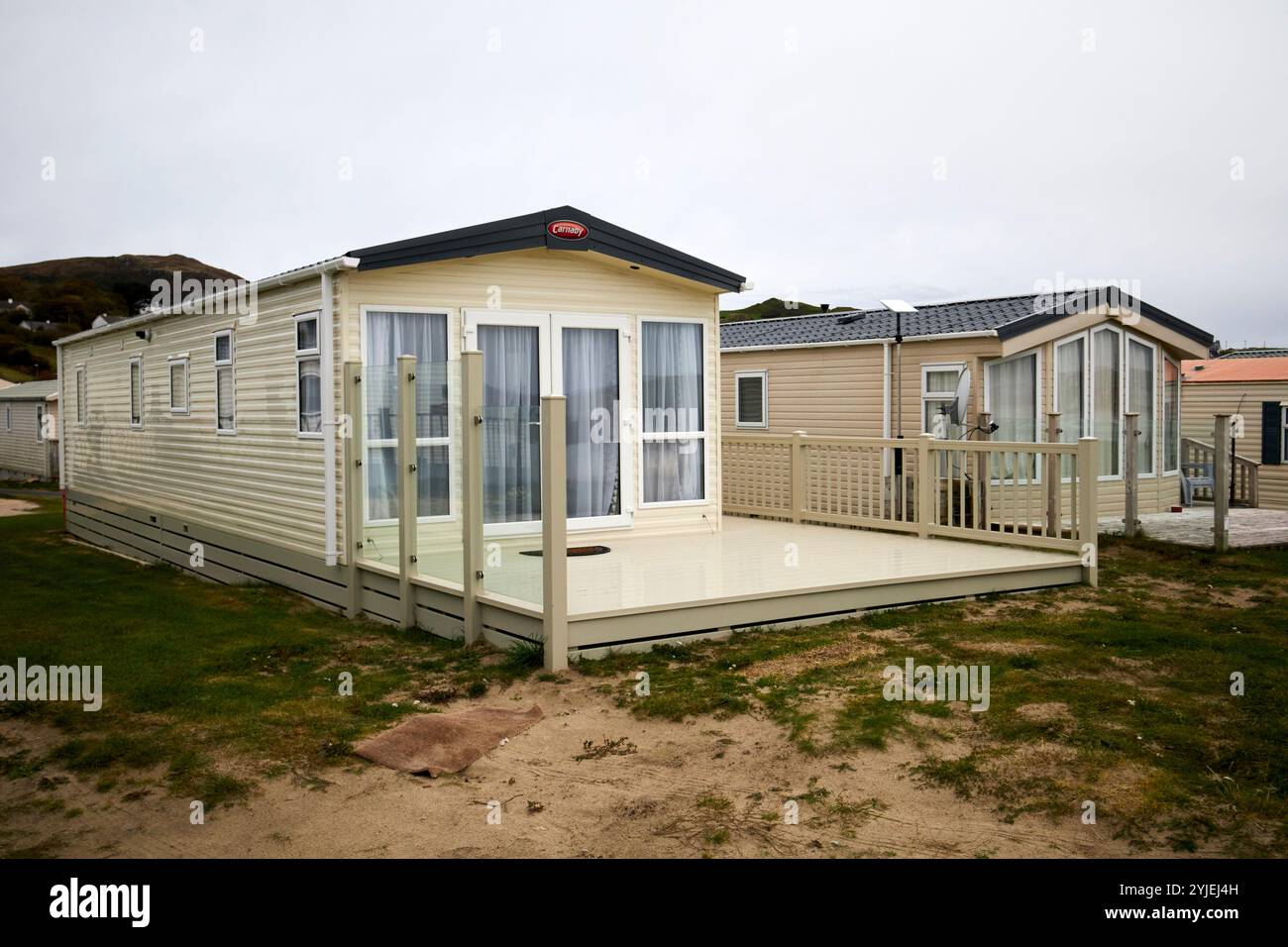 case mobili per roulotte statiche in un parco per roulotte vicino alla spiaggia, contea di donegal, repubblica d'irlanda Foto Stock