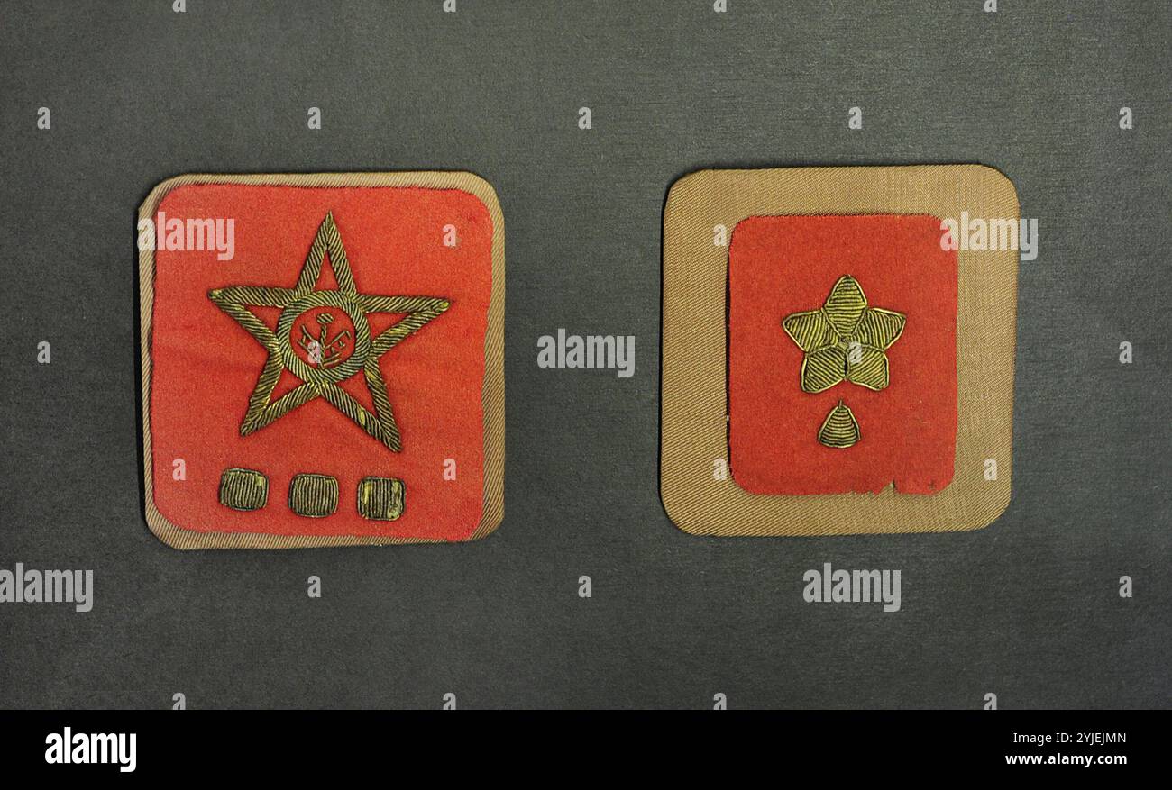 Insegne dell'esercito rosso (1918-1924). Dopo la creazione dell'URSS (Unione delle Repubbliche Socialiste sovietiche) nel 1922, l'Armata Rossa abolì il vecchio sistema di ranghi dell'Impero russo, optando per non creare ranghi nell'esercito. Il termine "ufficiale" fu sostituito dal titolo "comandante", e sulle maniche delle uniformi venivano indossate delle insegne del comandante. I distintivi del comandante. Museo della guerra lettone. Riga. Lettonia. Foto Stock