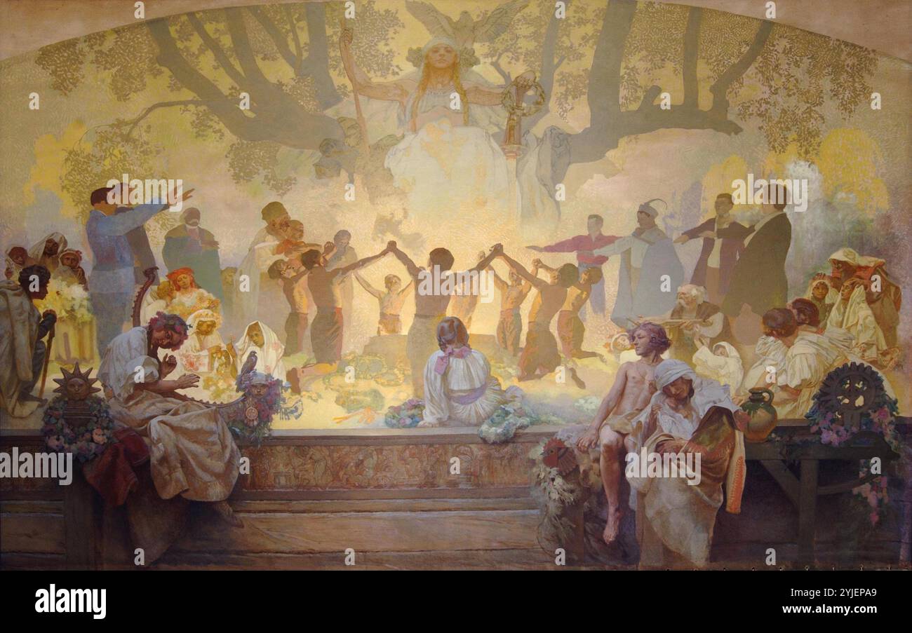 Il giuramento di Omladina sotto l'albero del tiglio slavo (il ciclo dell'epico slavo). Museo: Galleria della città di Praga. Autore: Alfons Marie Mucha. Foto Stock
