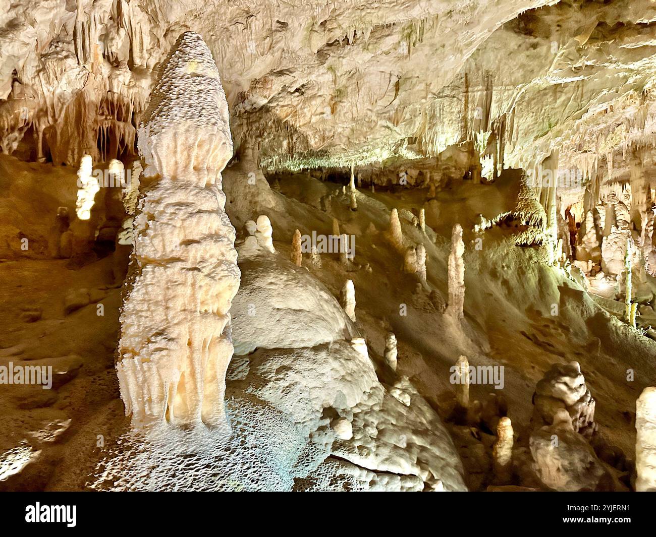 Una fotografia cattura un primo piano di vivaci stalattiti all'interno di una grotta isolata. Foto Stock