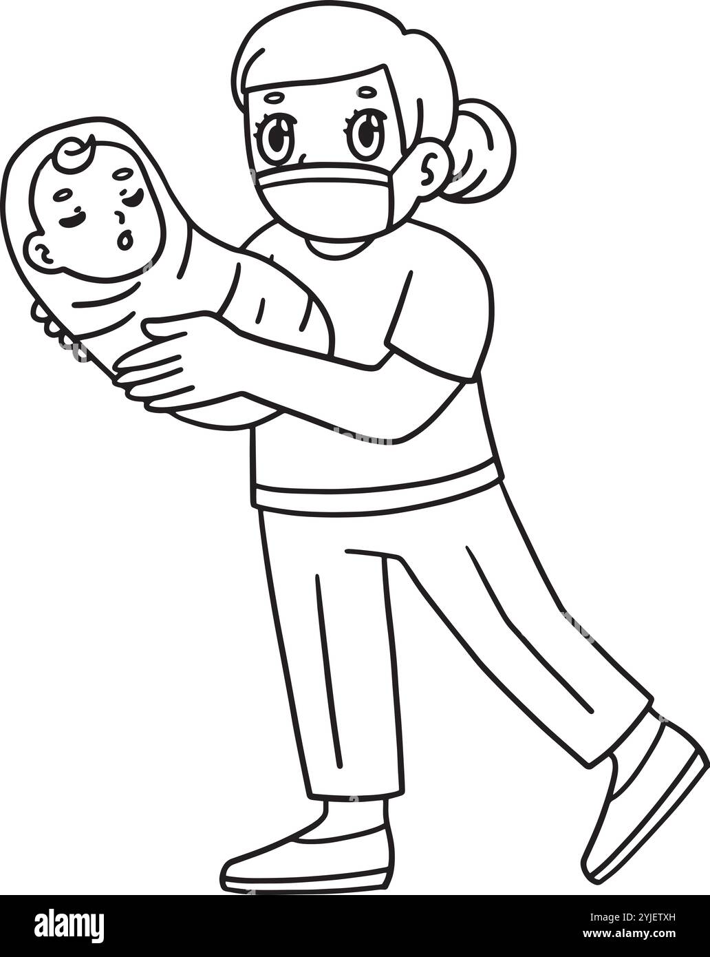 Dottoressa donna con Newborn Baby Isolated Coloring Illustrazione Vettoriale