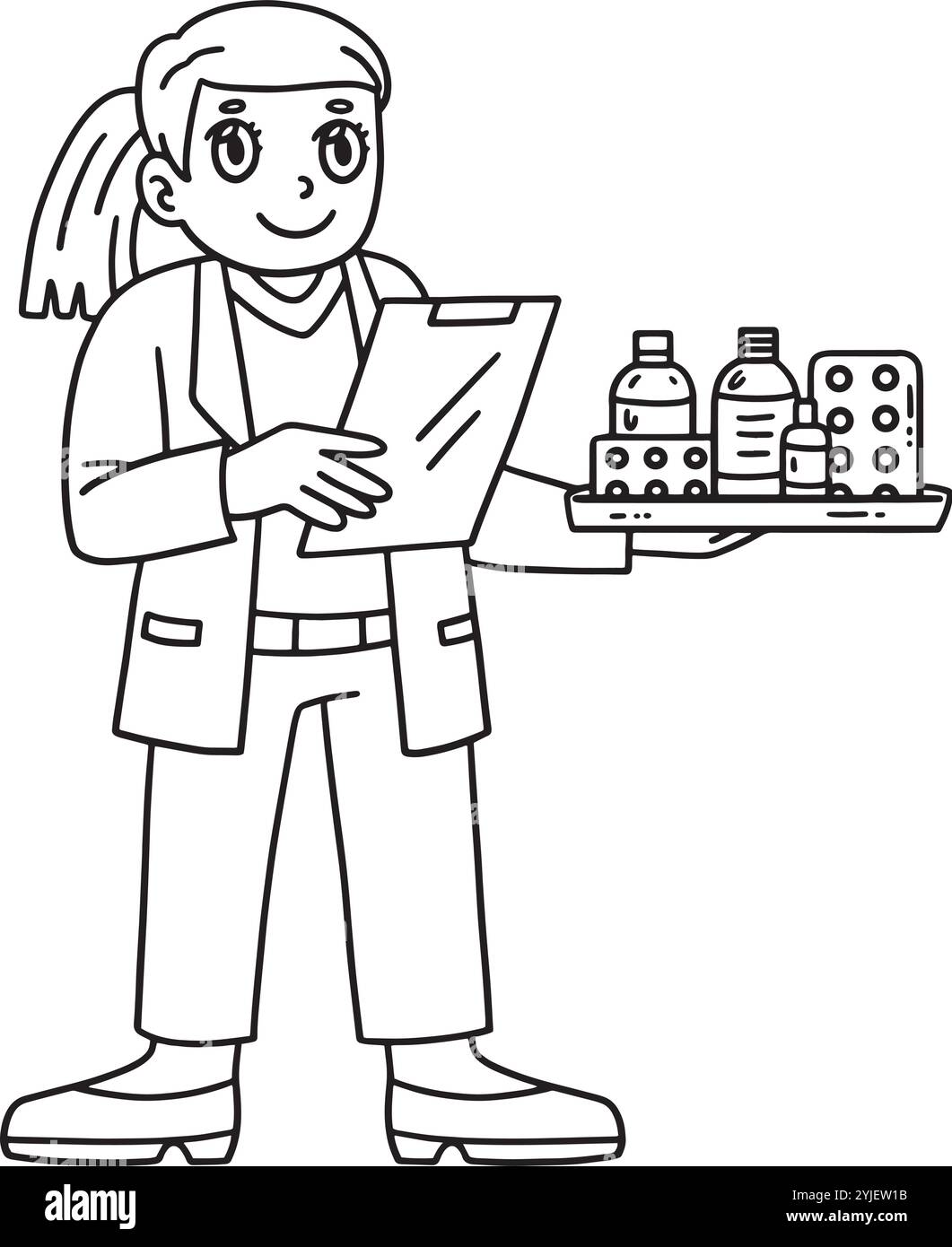 Medico donna con bottiglie di medicina isolate Illustrazione Vettoriale