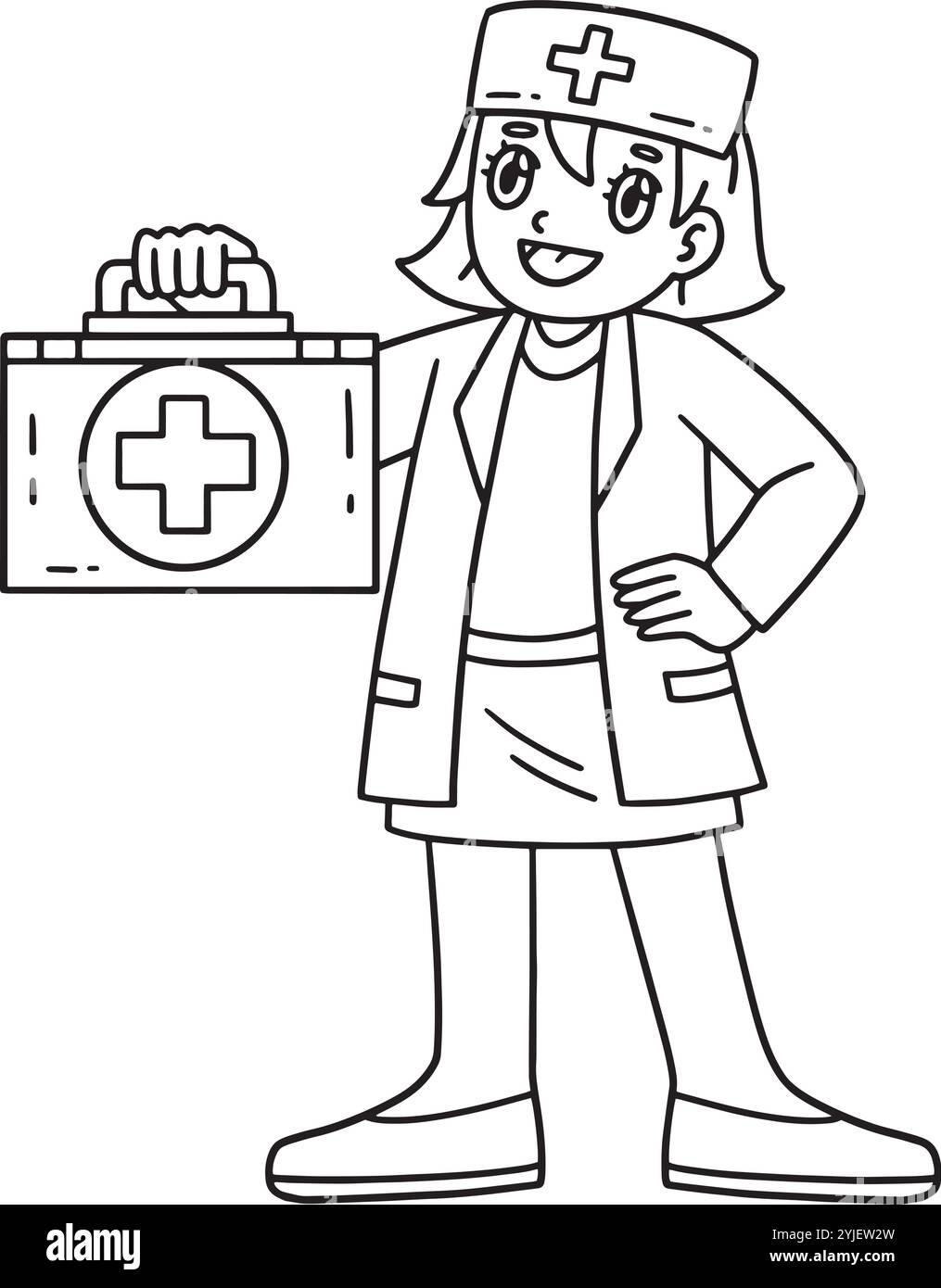 Medico donna con kit di pronto soccorso isolato colorazione Illustrazione Vettoriale