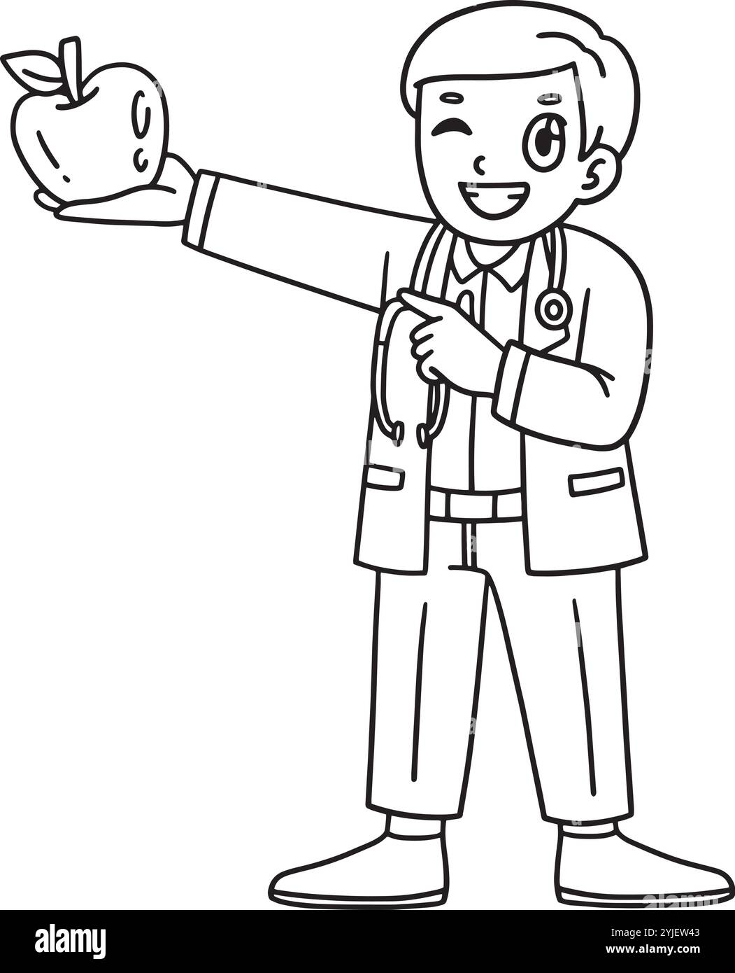 Medico con Apple Isolated Coloring Page for Kids Illustrazione Vettoriale