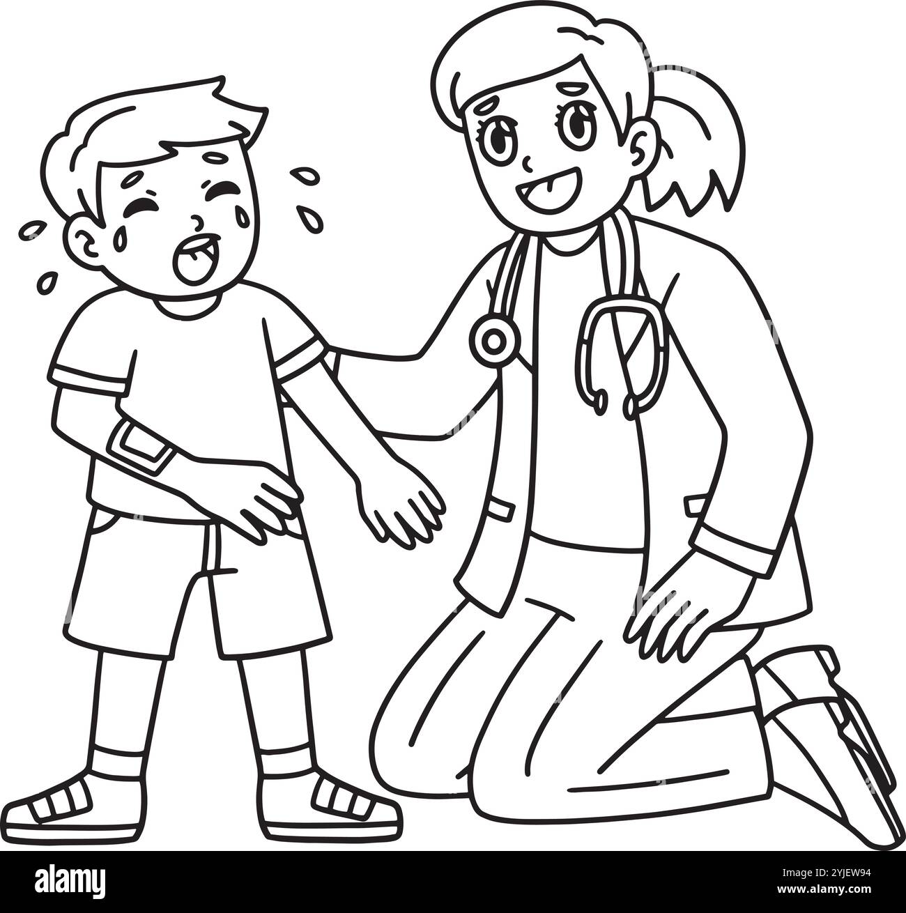 Donna Dottore conforto un bambino isolato colorare Illustrazione Vettoriale