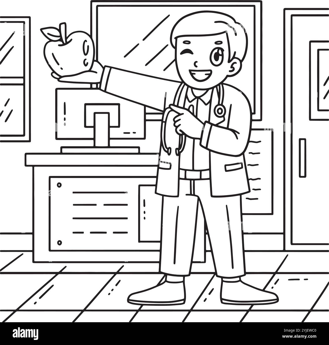 Medico con Apple colorare pagina per bambini Illustrazione Vettoriale