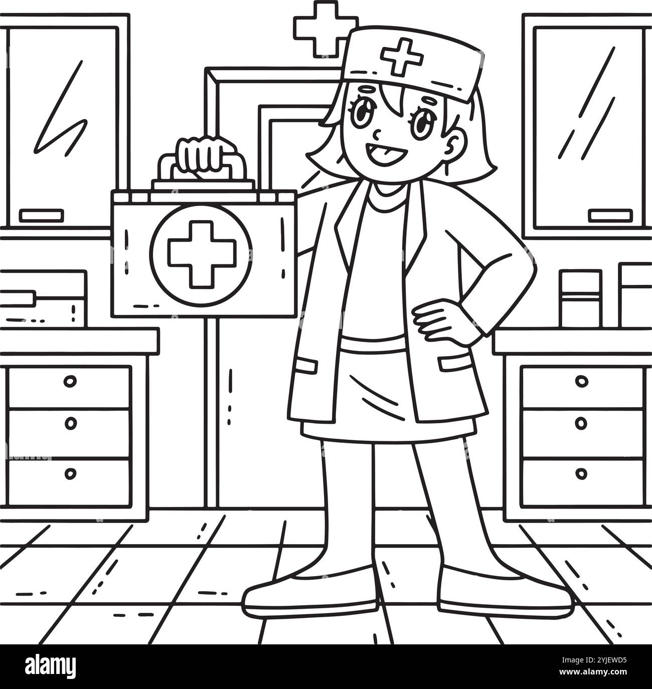 Medico donna con kit di pronto soccorso da colorare pagina Illustrazione Vettoriale