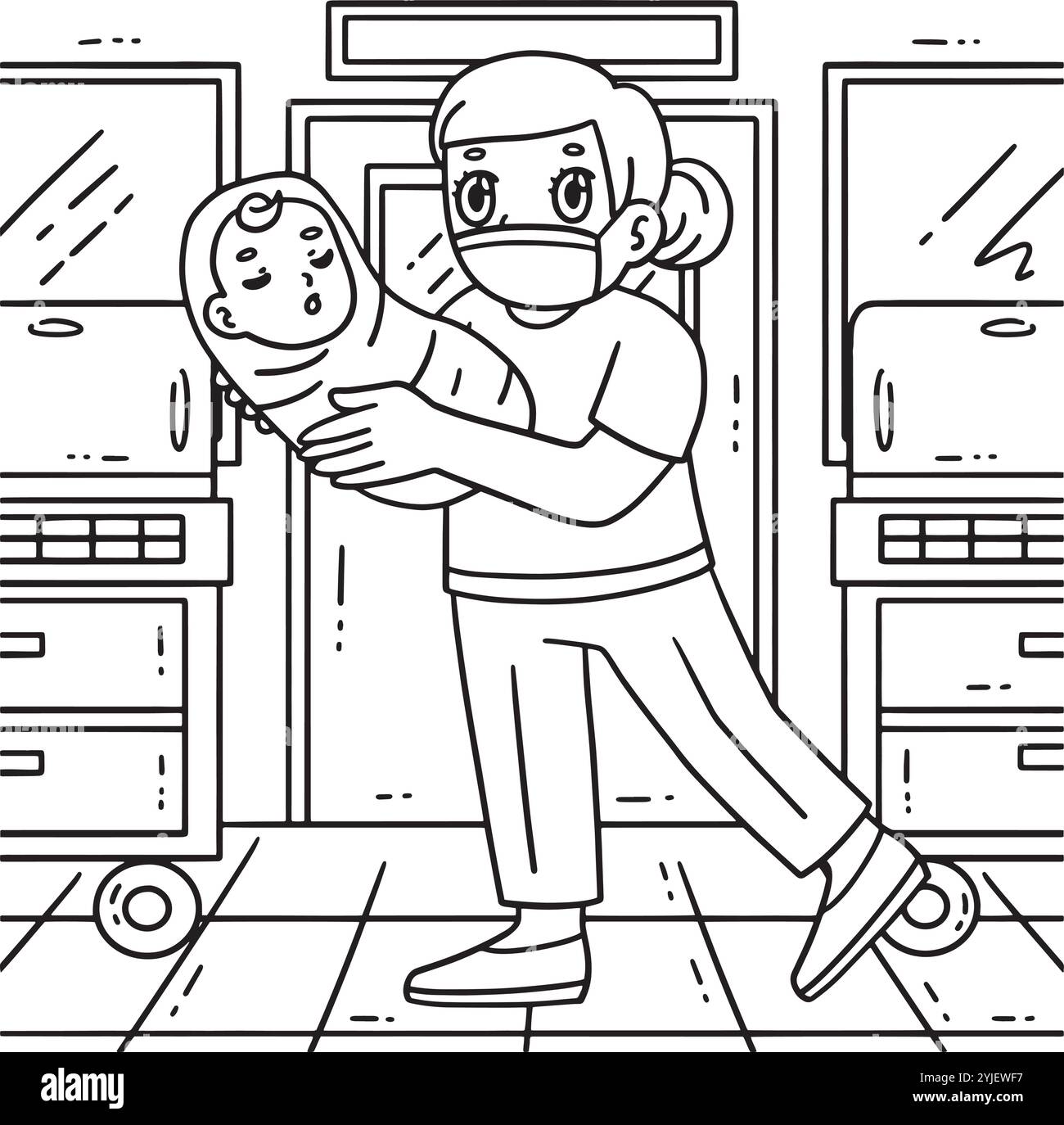 Dottoressa donna con Newborn Baby Coloring Page Illustrazione Vettoriale