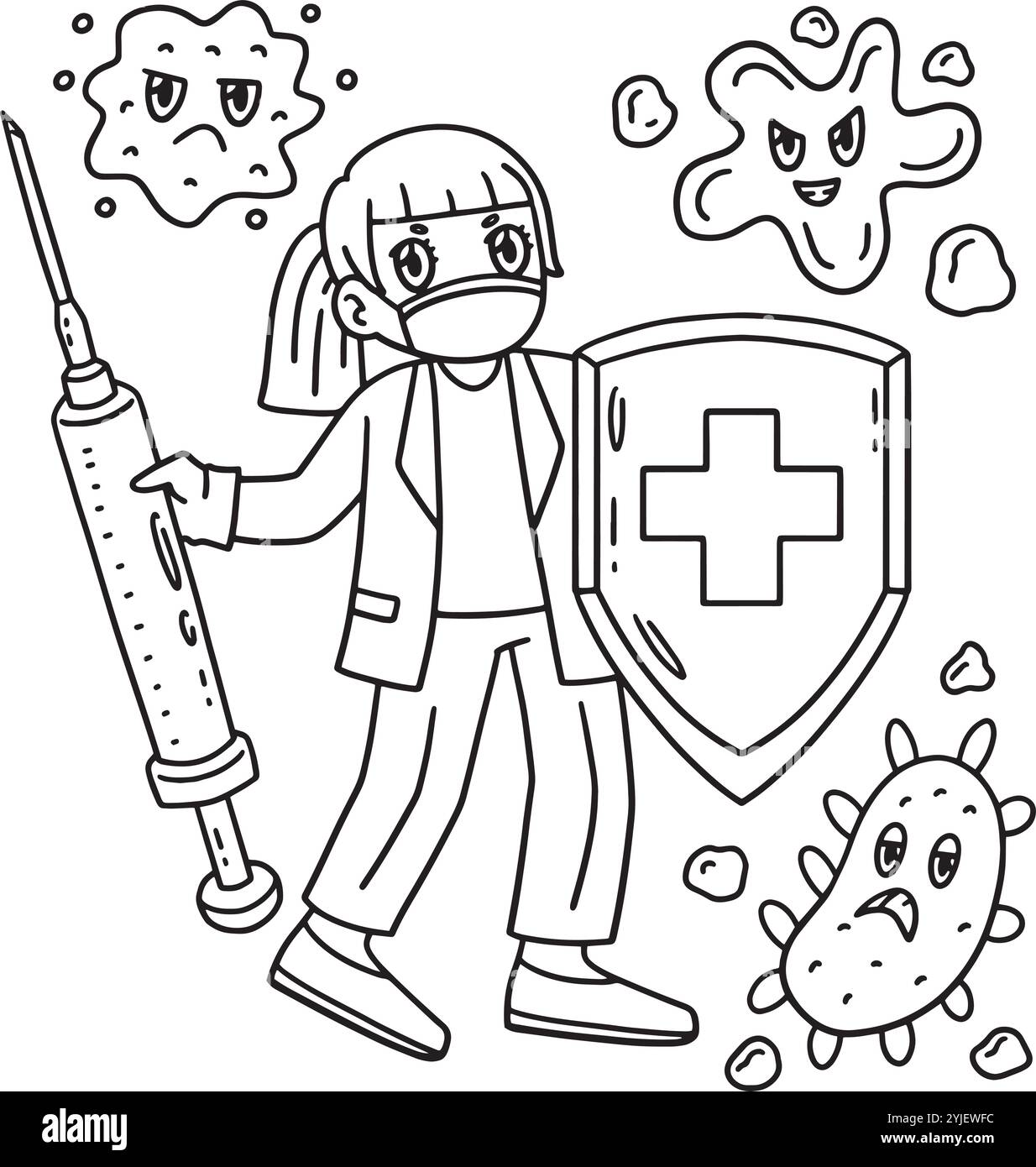 Schermatura di tenuta del medico femmina e siringa isolata Illustrazione Vettoriale