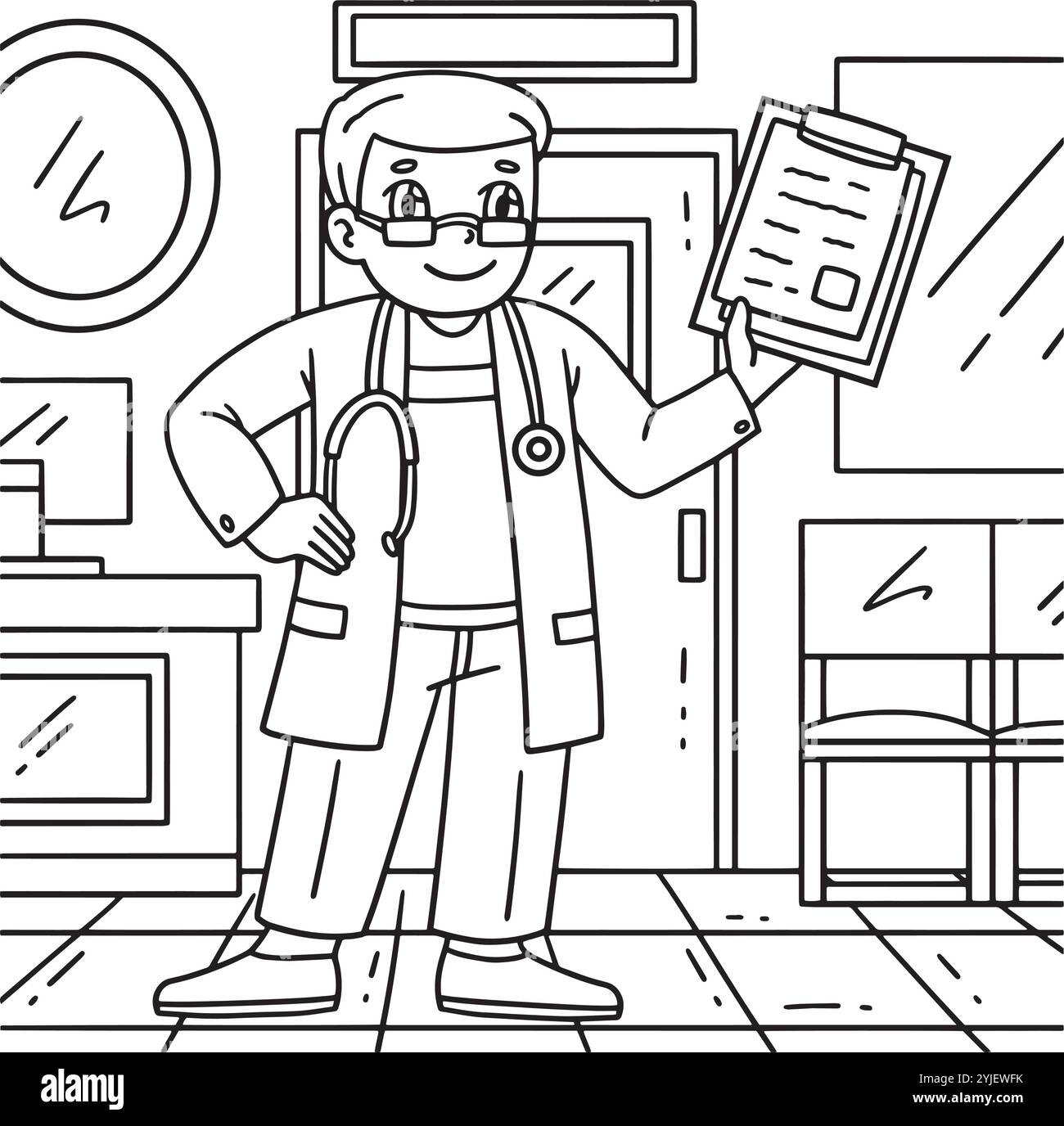 Medico con clipboard e colorazione stetoscopio Illustrazione Vettoriale