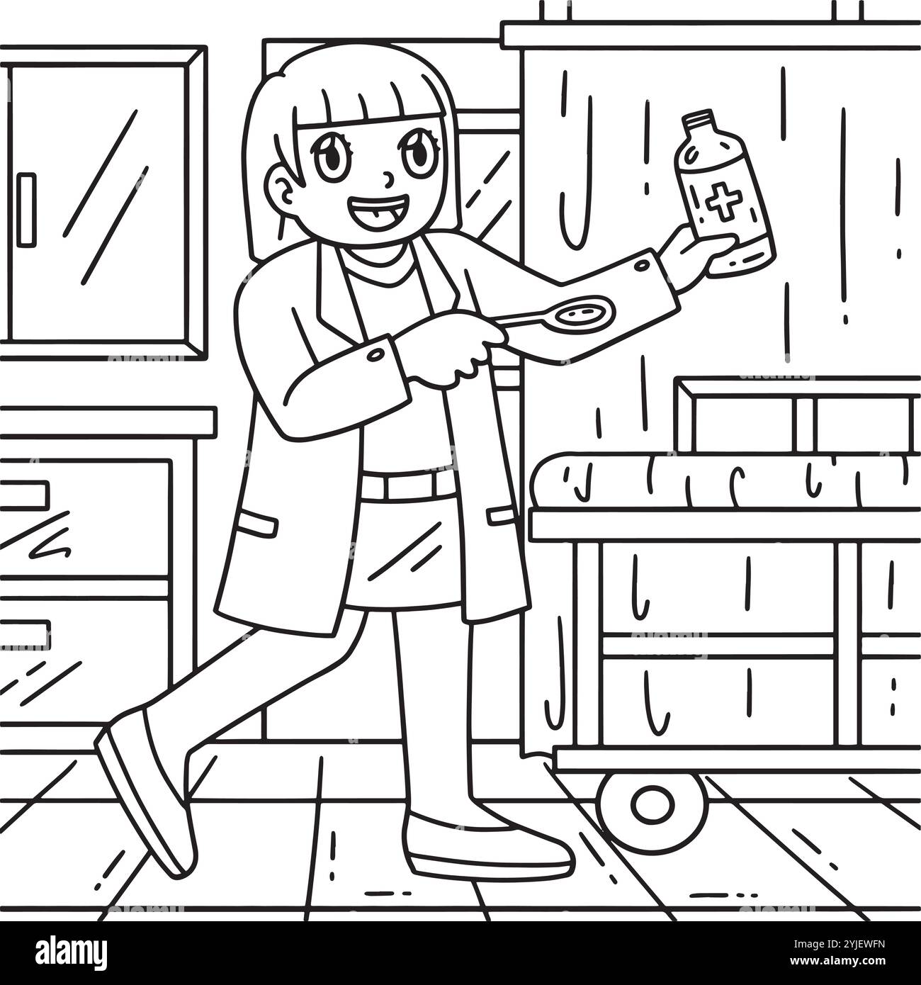 Donna Dottore che versa Medicina su Spoon Coloring Illustrazione Vettoriale