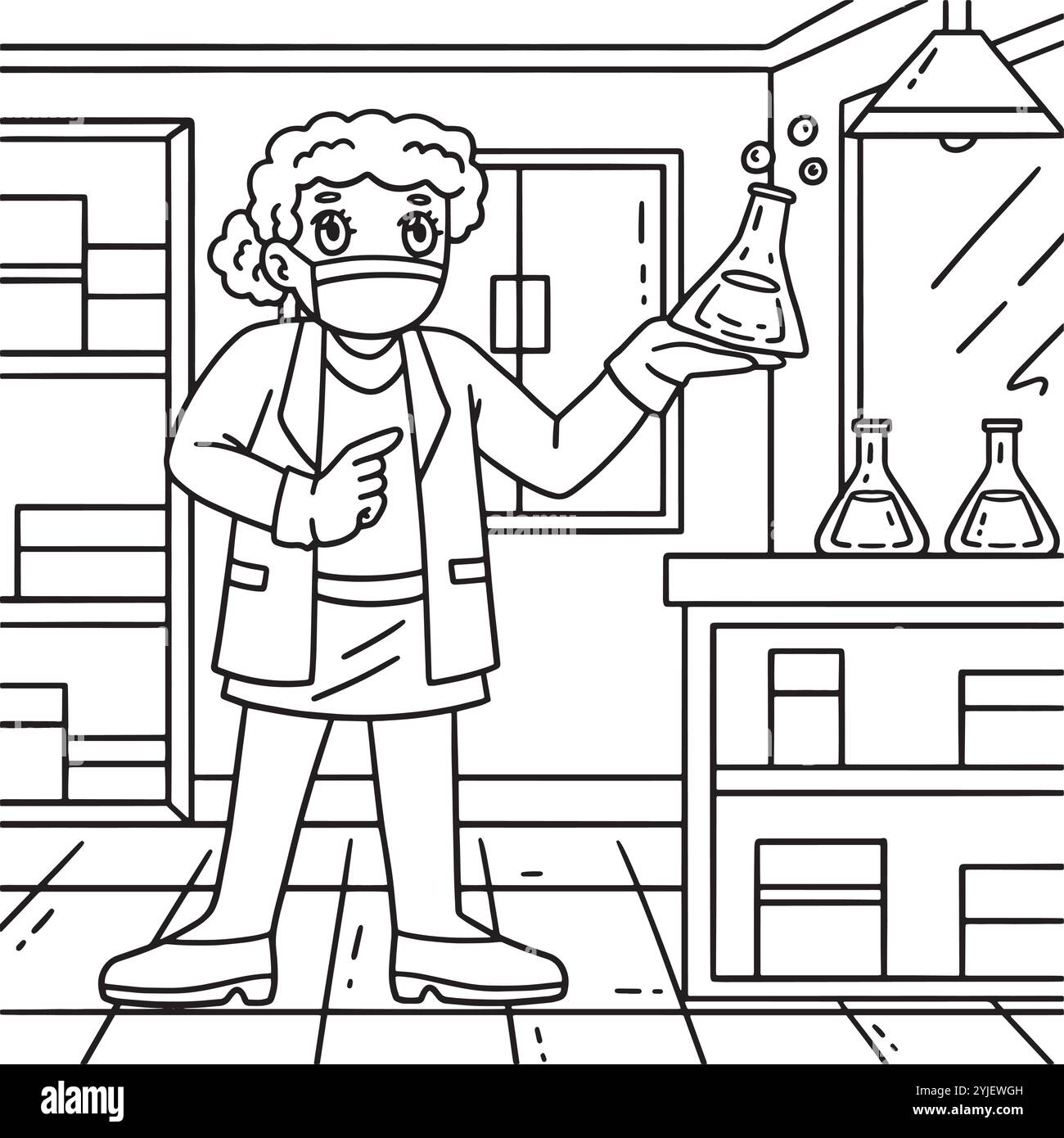 Medico donna con matraccio da colorare pagina per bambini Illustrazione Vettoriale