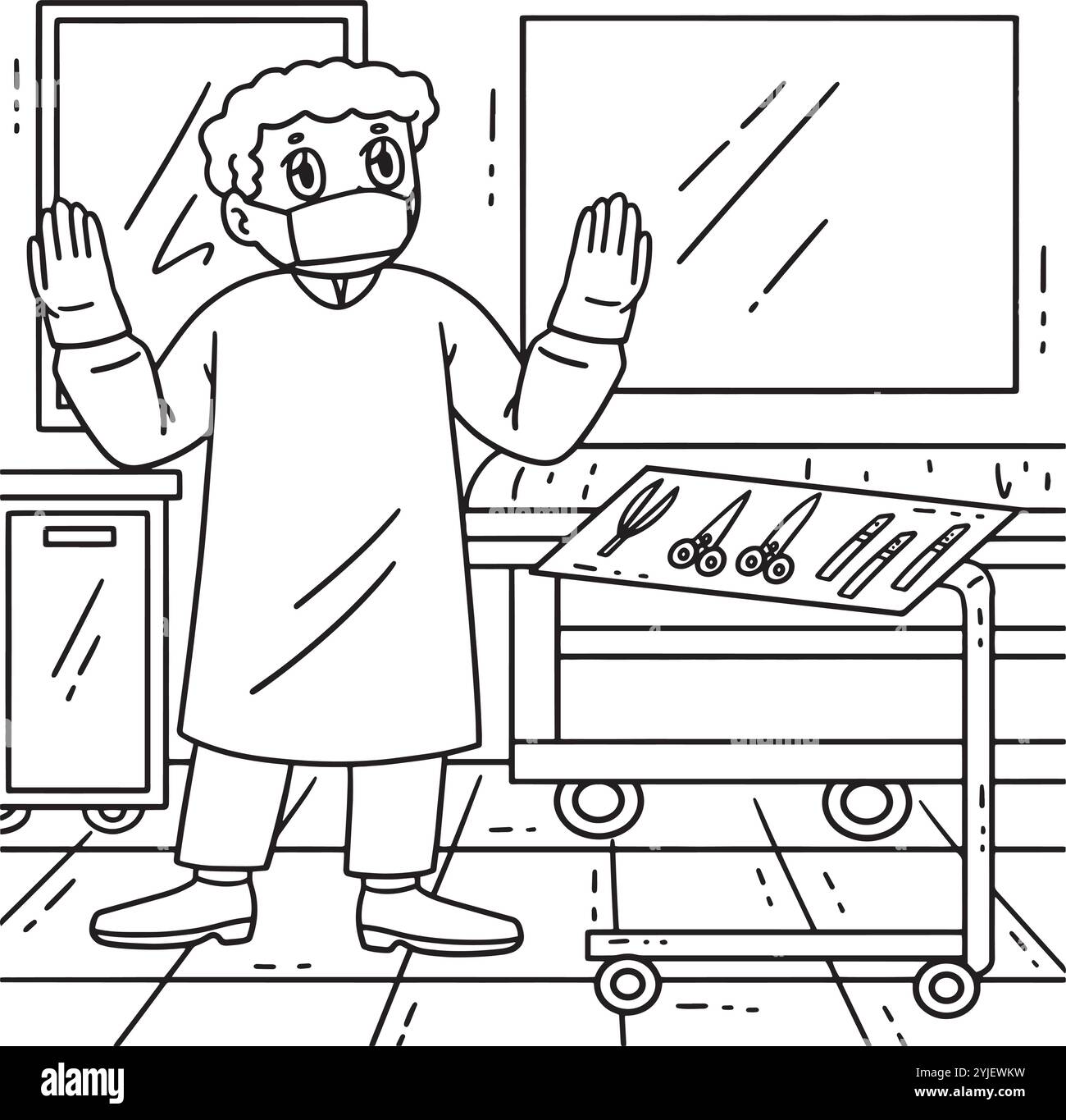Pagina di colorazione del medico chirurgo con strumenti chirurgici Illustrazione Vettoriale