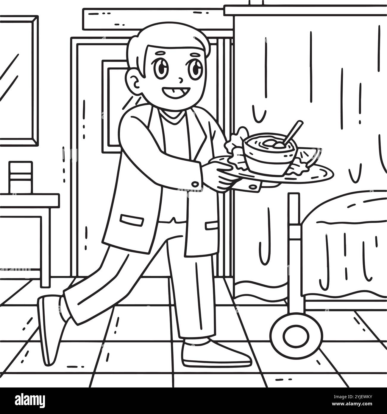 Medico che trasporta la pagina colorazione dei pasti del paziente Illustrazione Vettoriale